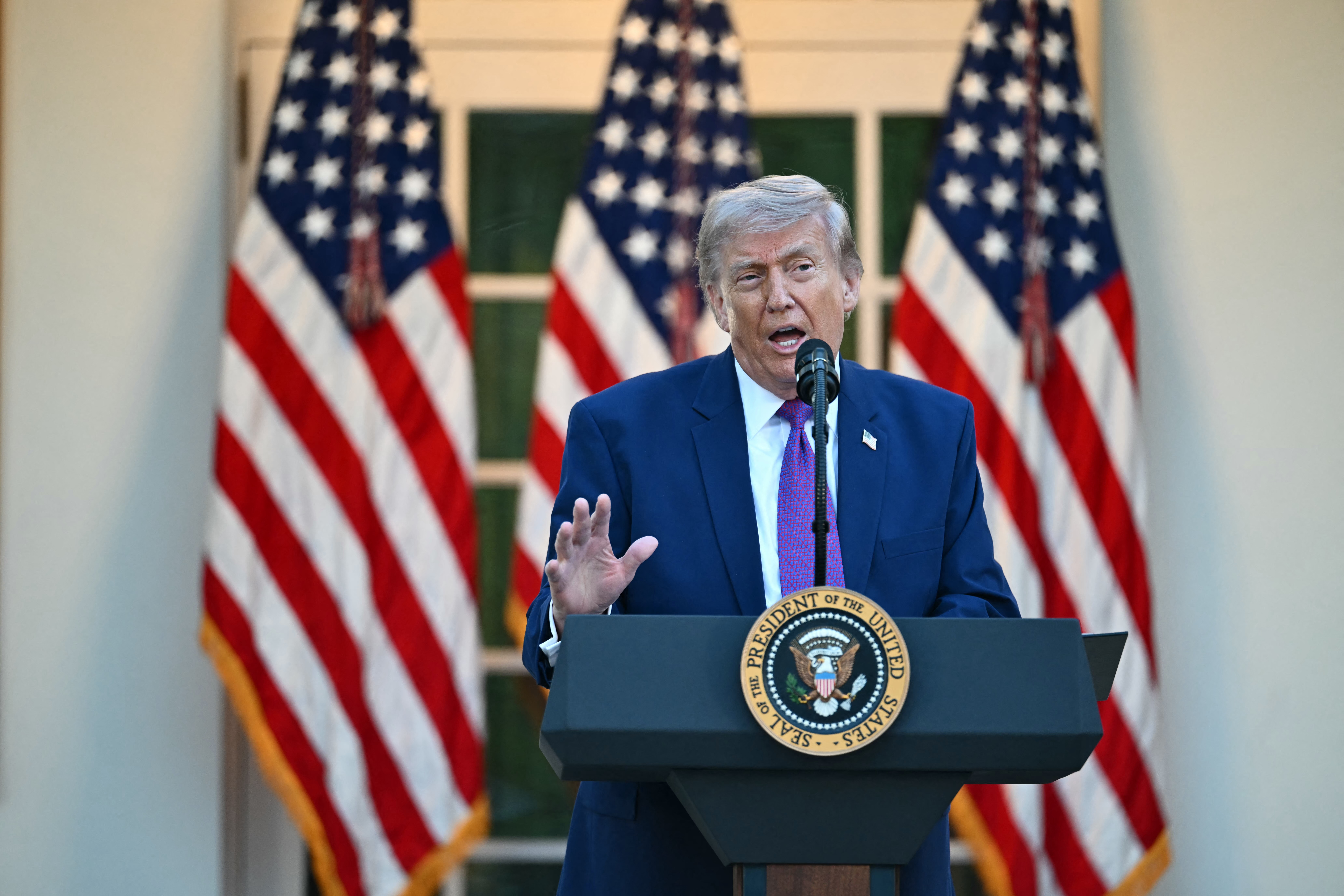 US President Donald Trump speaks during a "Rose Garden Club" dinner in honor of Police Week at the White House in Washington, DC, on May 11, 2026. (Photo by Kent NISHIMURA / AFP)