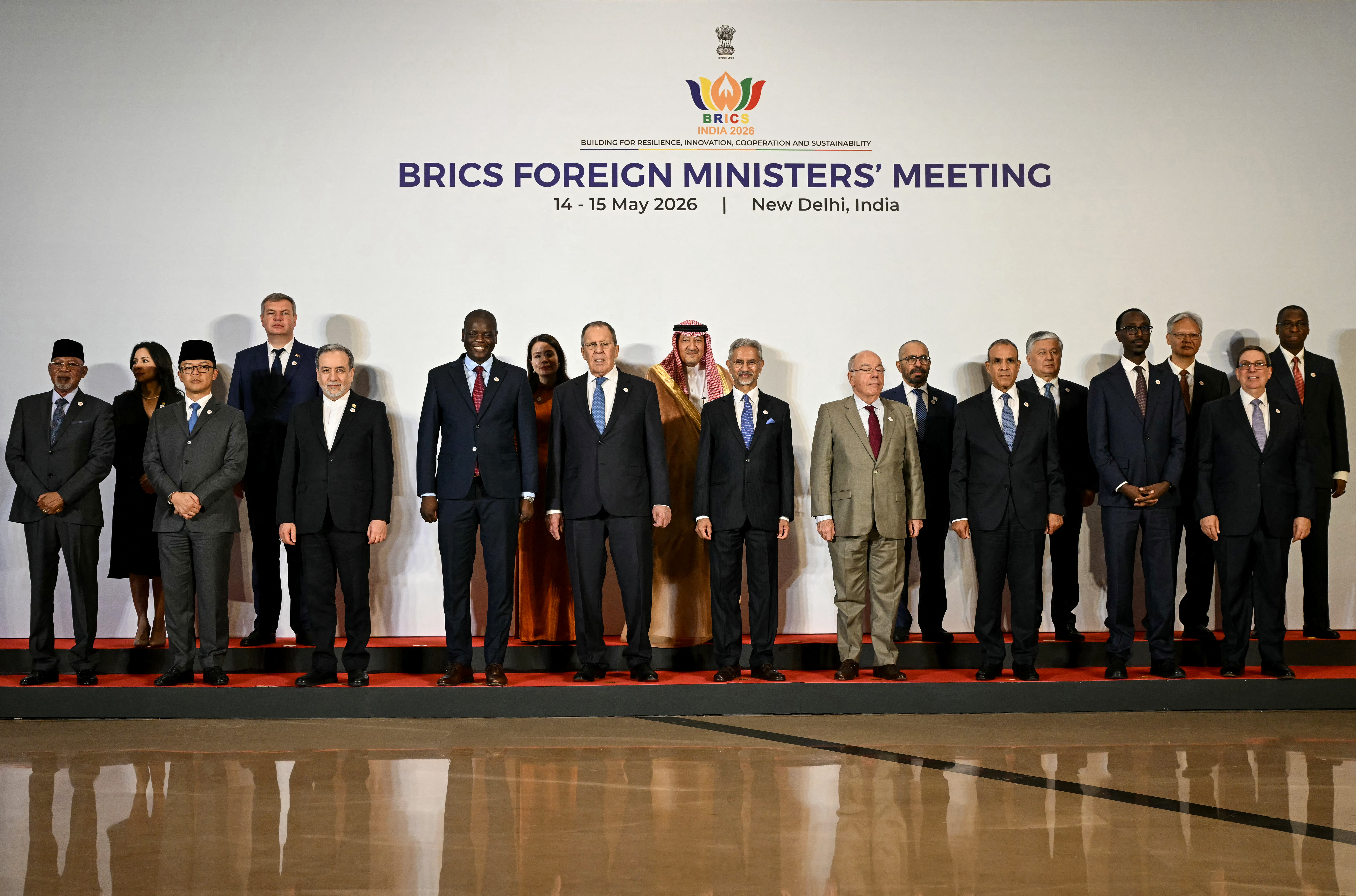 Foreign ministers and senior officials from partner countries gather during the BRICS foreign ministers’ meeting at the Bharat Mandapam in New Delhi on May 14, 2026 [AFP]