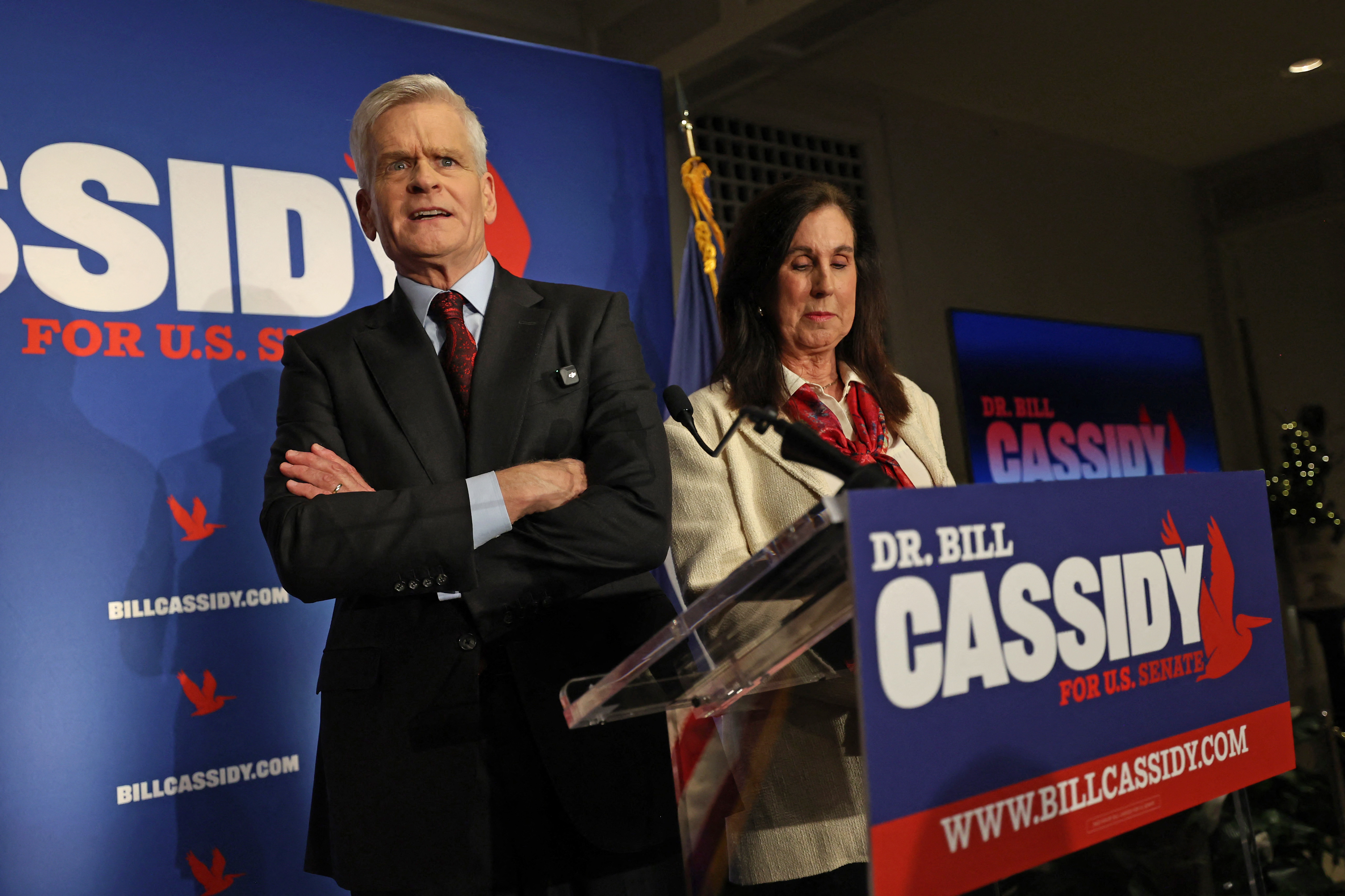BATON ROUGE, LOUISIANA - MAY 16: Senator Bill Cassidy (R-LA), with his wife Dr. Laura Cassidy by his side, addresses his supporters as he concedes his primary election contest during an event at Boudreaux's Caterers on May 16, 2026 in Baton Rouge, Louisiana. The two-term incumbent, who voted in favor of President Trump's impeachment in 2021, was unable to fend off two primary challengers, Trump-endorsed Rep. Julia Letlow and state treasurer John Fleming who are headed for a run-off in late June. Michael DeMocker/Getty Images/AFP (Photo by Michael DeMocker / GETTY IMAGES NORTH AMERICA / Getty Images via AFP)