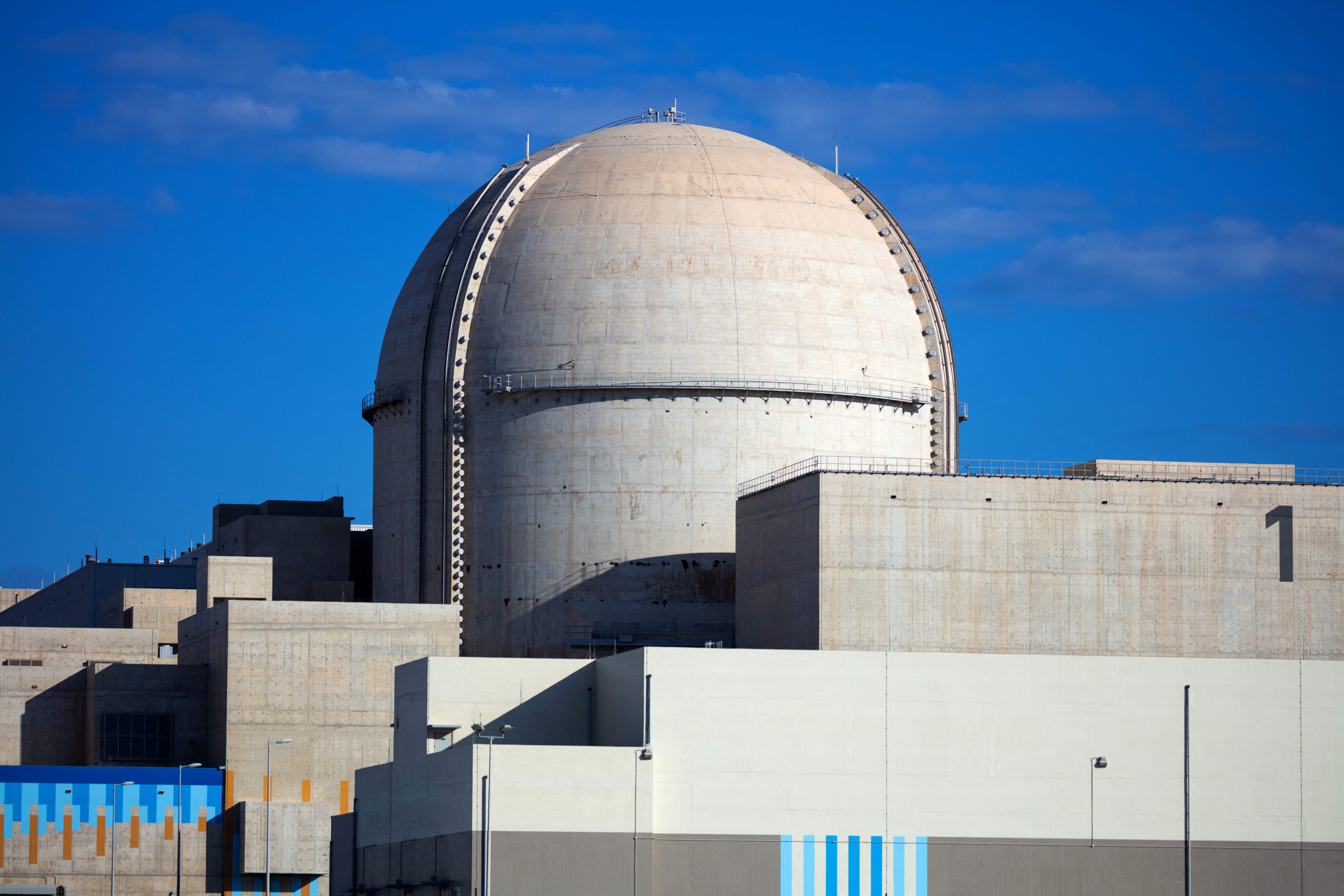 (FILES) A handout picture obtained from the media office of the Barakah Nuclear Power Plant on February 13, 2020, shows a view of the power plant in the western Al Dhafra Region -formerly know as the Gharbiya region- of Abu Dhabi on the Gulf coastline about 50 kilometres west of Ruwais.