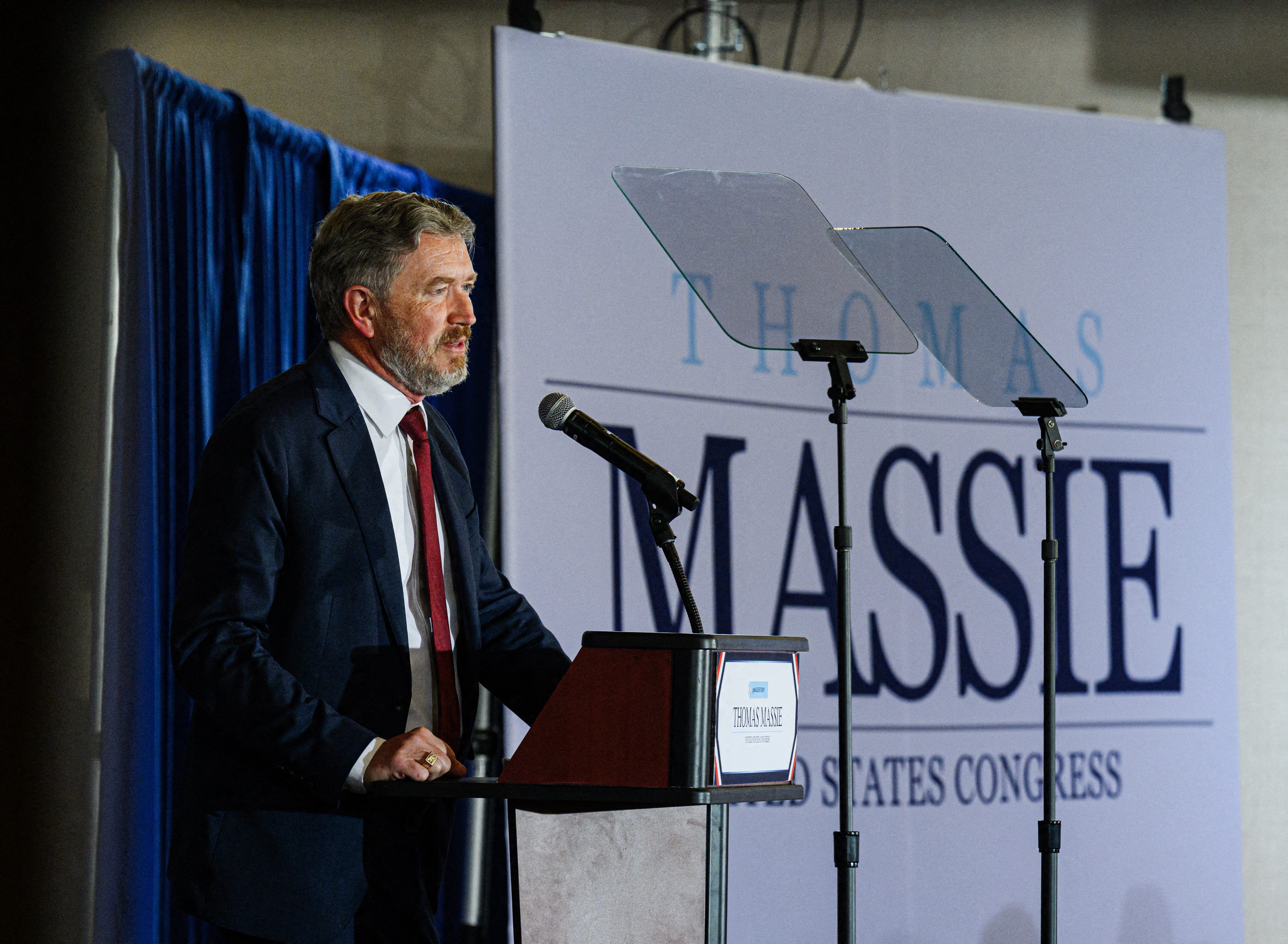 HEBRON, KENTUCKY - MAY 19: Rep. Thomas Massie gives his concession speech on May 19, 2026 in Hebron, Kentucky. Massie, who has served Kentucky's 4th Congressional District since 2012, conceded his loss after the most expensive US House Primary in US history against Trump-endorsed candidate Ed Gallrein. Jon Cherry/Getty Images/AFP (Photo by Jon Cherry / GETTY IMAGES NORTH AMERICA / Getty Images via AFP)