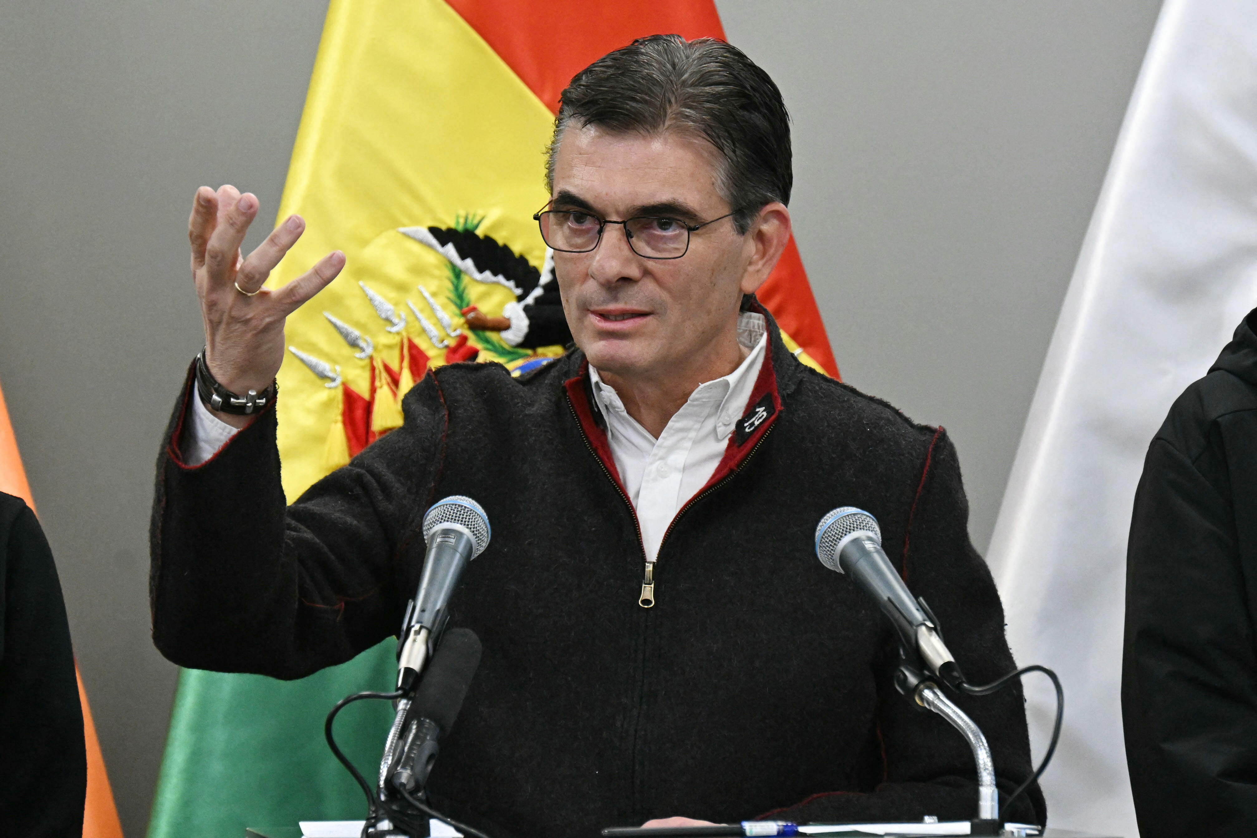 Bolivia's Presidente Rodrigo Paz gestures as he speaks during a press conference at Palacio Quemado in La Paz on May 20, 2026.