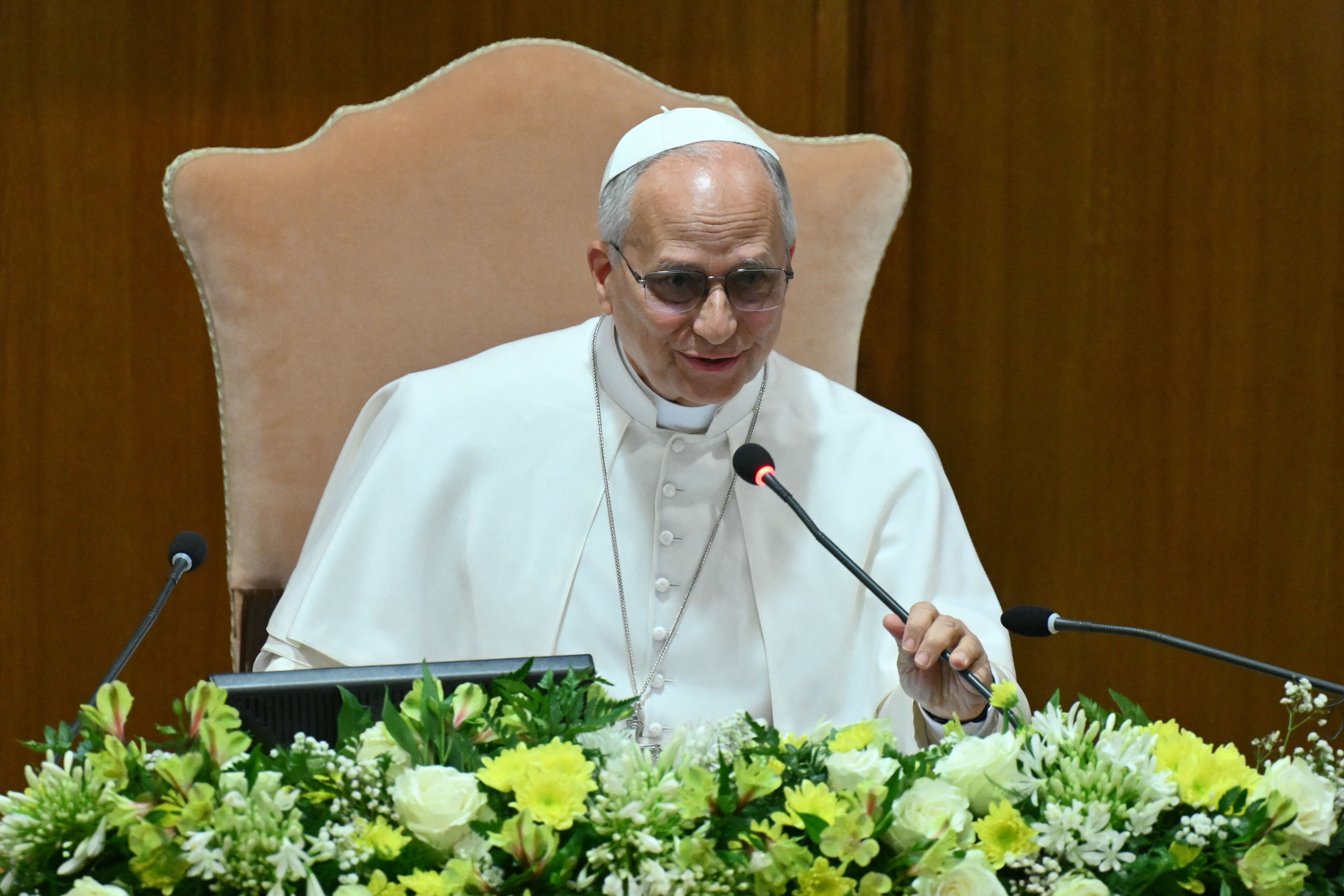 Pope Leo XIV attends the presentation of his first Encyclical Letter “Magnifica Humanitas” focused on the rise of artificial intelligence, in The Vatican on May 25, 2026. (Photo by Alberto PIZZOLI / AFP)