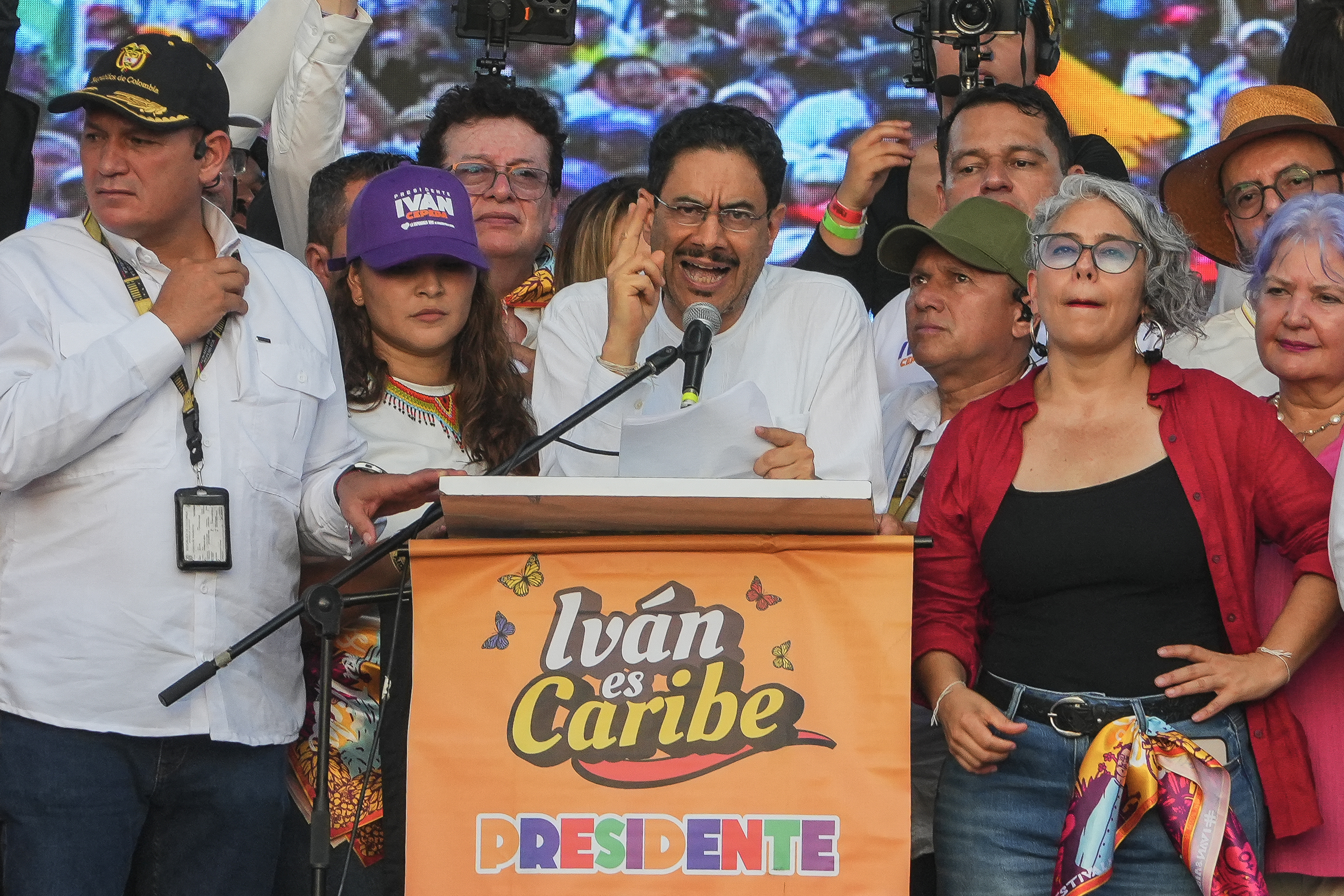 Colombia's presidential candidate Ivan Cepeda, of the Pacto Historico party, speaks to supporters during his final campaign rally in Barranquilla, Atlantico department, Colombia on May 24, 2026.