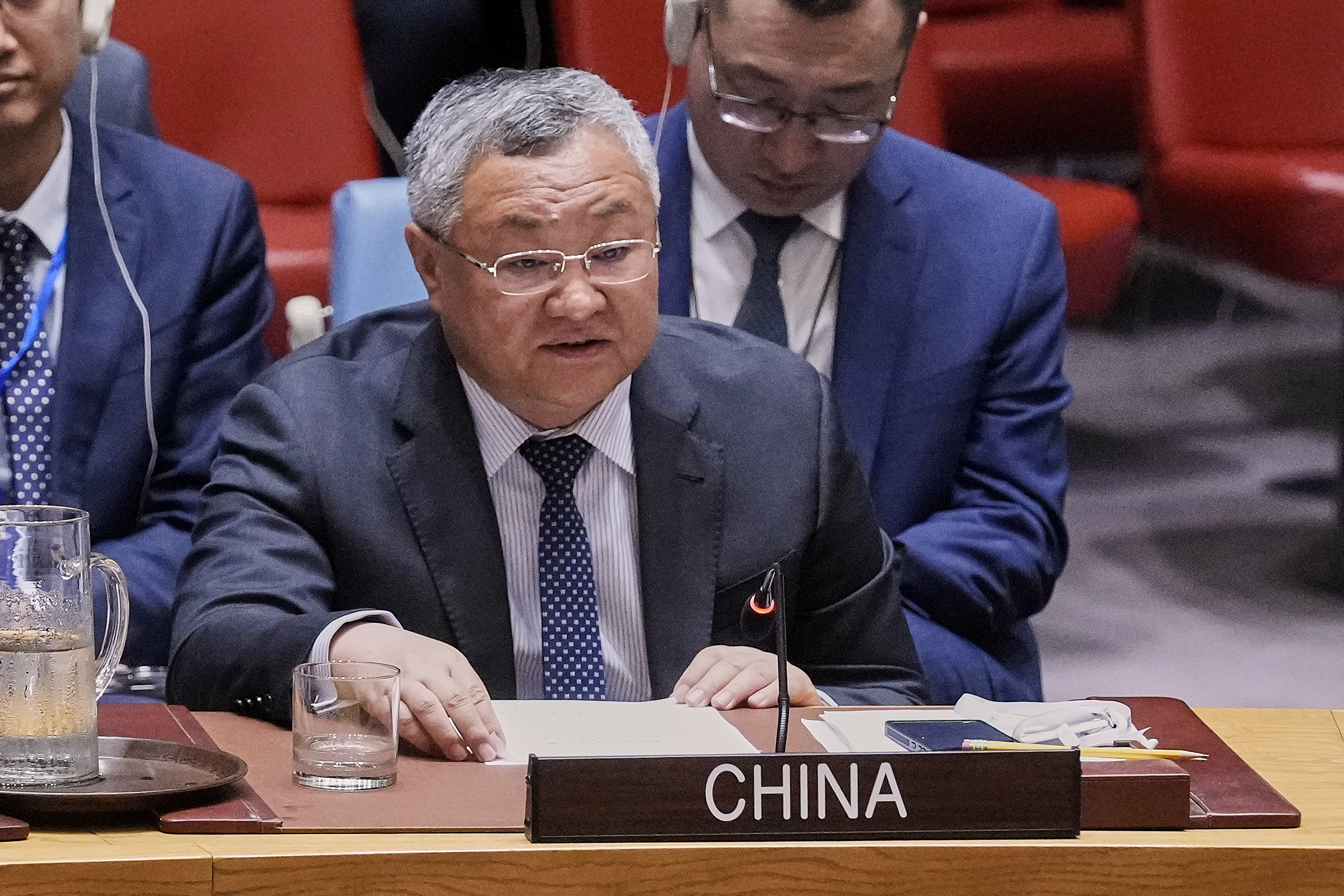 China UN Ambassador Fu Cong addresses a United Nations Security Council meeting, Monday, June 30, 2025. (AP Photo/Richard Drew)