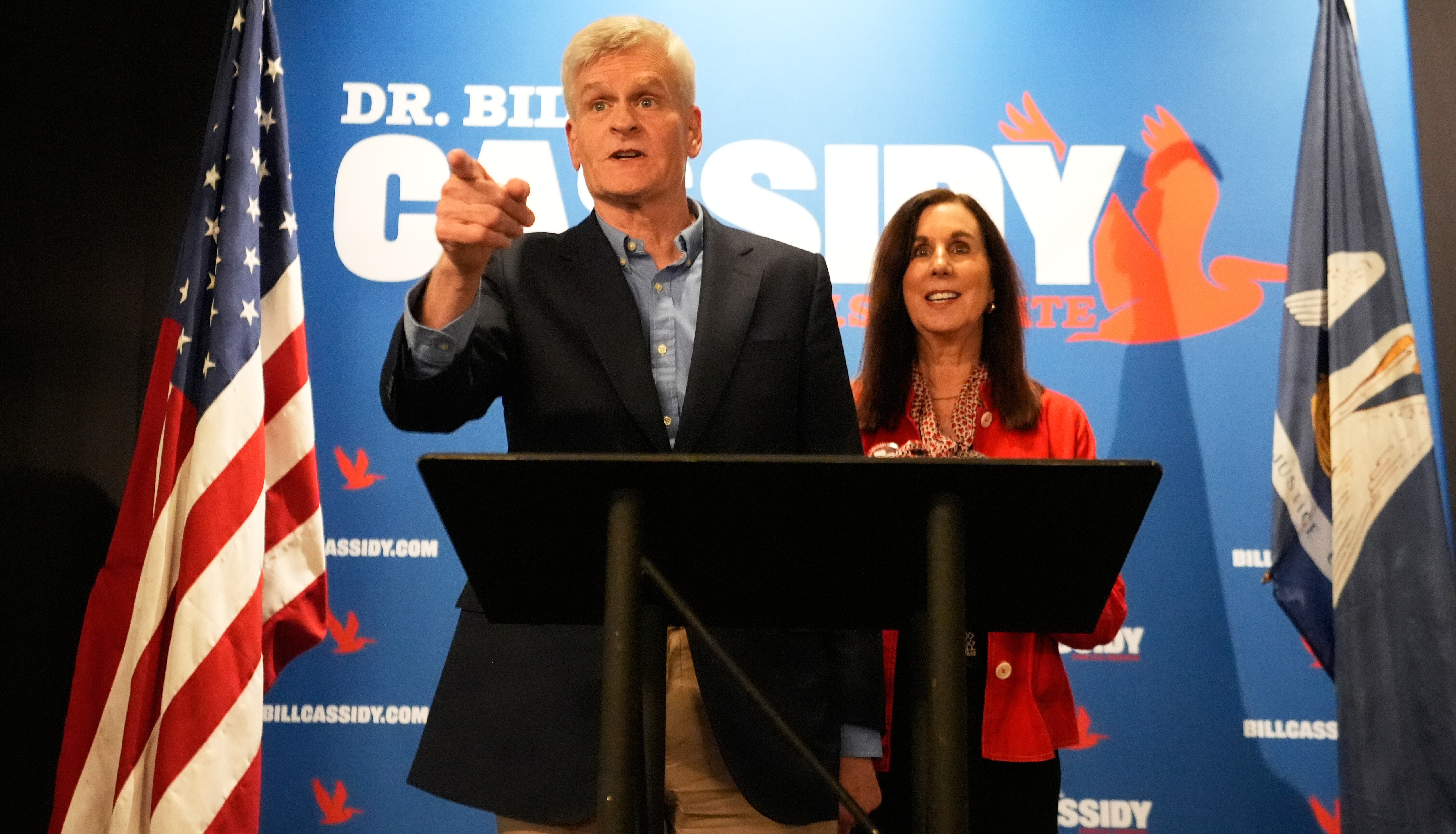 U.S. Sen. Bill Cassidy, R-La., greets supporters with his wife Laura Cassidy at a campaign stop at Drago's Restaurant Tuesday, May 5, 2026, in Metairie, La. (AP Photo/Gerald Herbert)