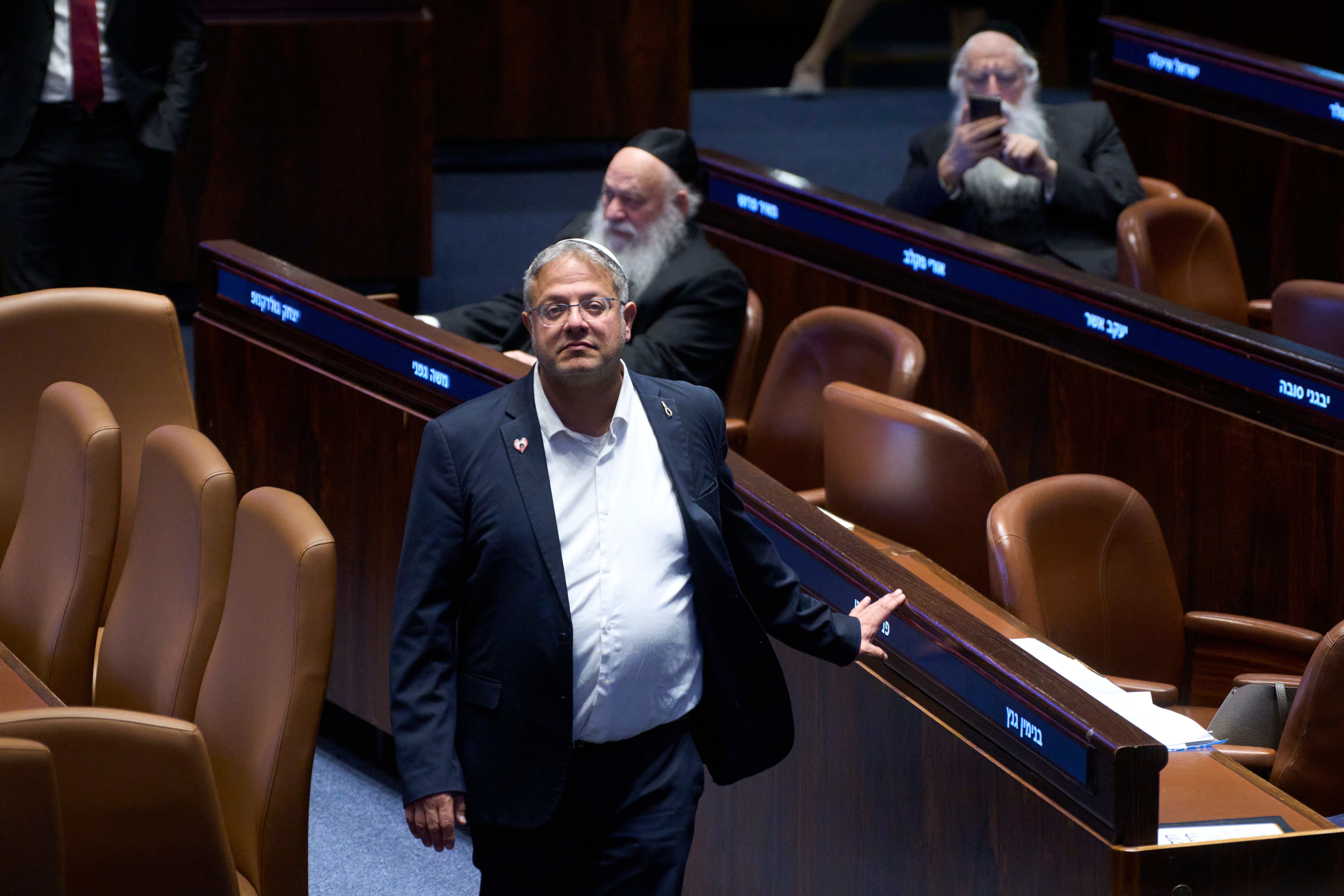 Israel's Minister of National Security, Itamar Ben-Gvir in the Israeli parliament, during a session considering a bill to dissolve the government in Jerusalem,Wednesday, May 20,2026. (AP Photo/Ohad Zwigenberg)