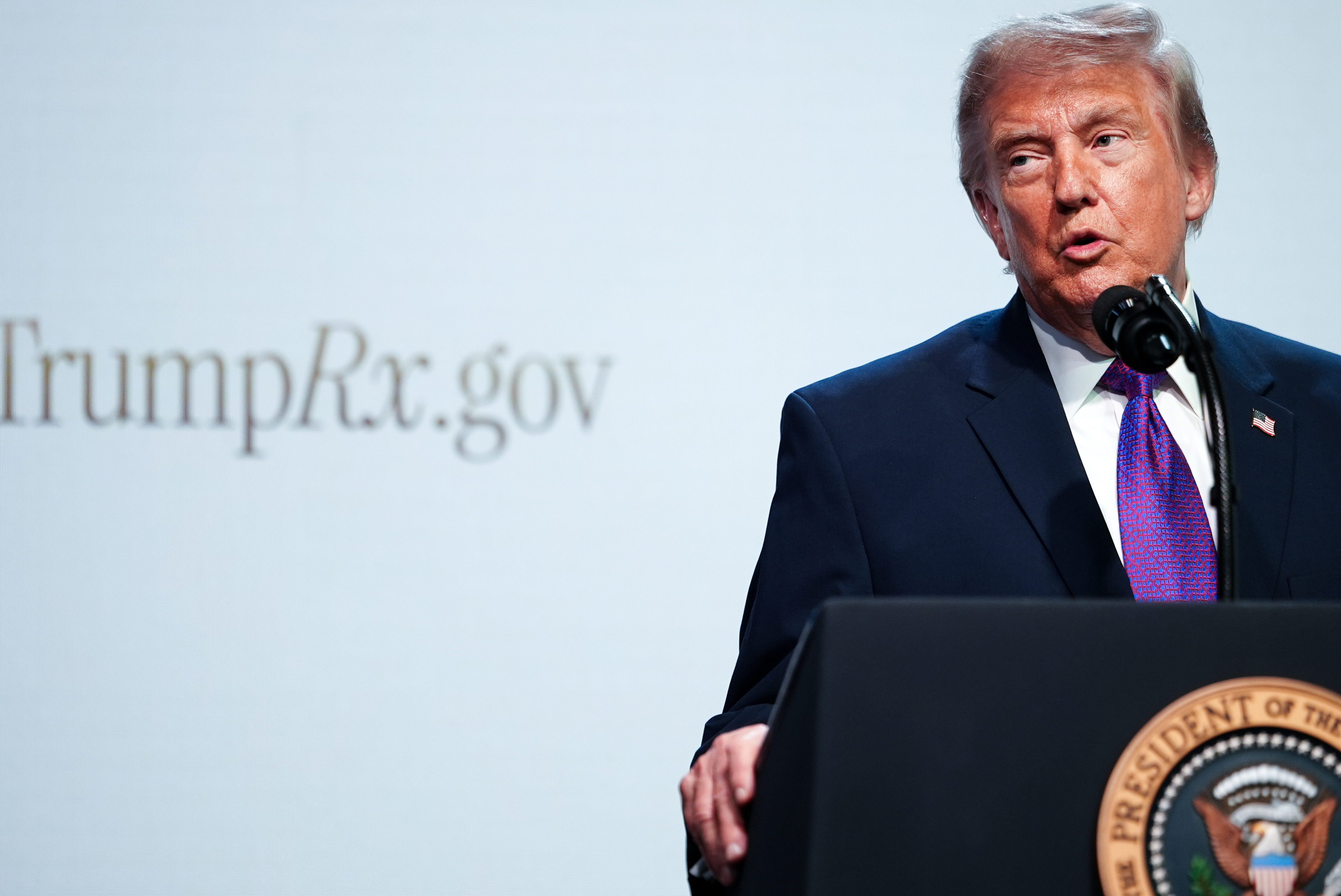 President Donald Trump speaks about prescription drug prices in the South Court Auditorium of the Eisenhower Executive Office Building, Monday, May 18, 2026, on the White House campus in Washington. (AP Photo/Julia Demaree Nikhinson)
