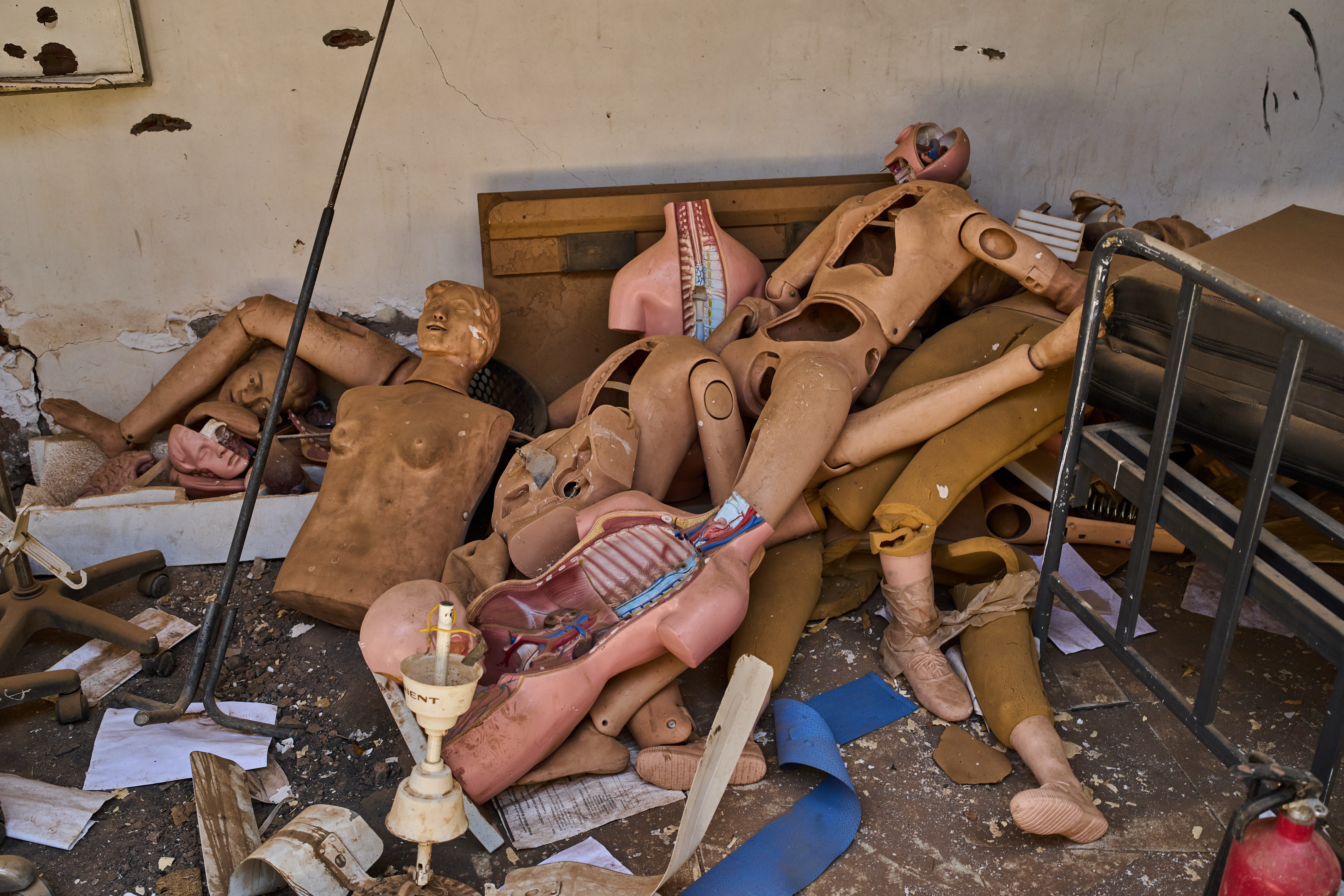 Medical mannequins at a war-damaged hospital in Khartoum