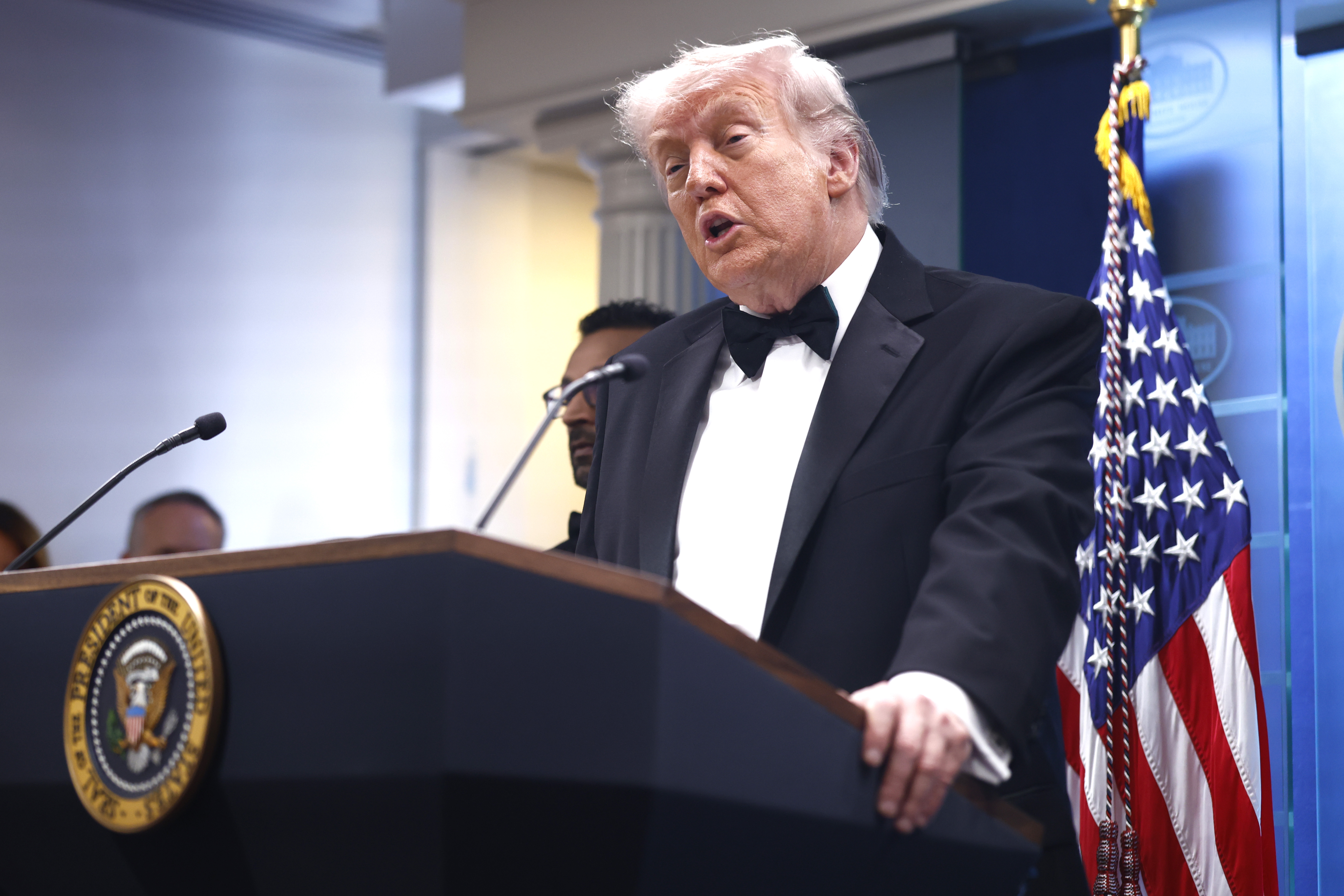 epaselect epa12914532 US President Donald Trump speaks to reporters to reporters in the White House press briefing room after shots were fired outside the Washington Hilton ballroom hosting the White House Correspondents’ Association Dinner in Washington, DC, 25 April 2026. The alleged shooter is in custody. EPA/WILL OLIVER
