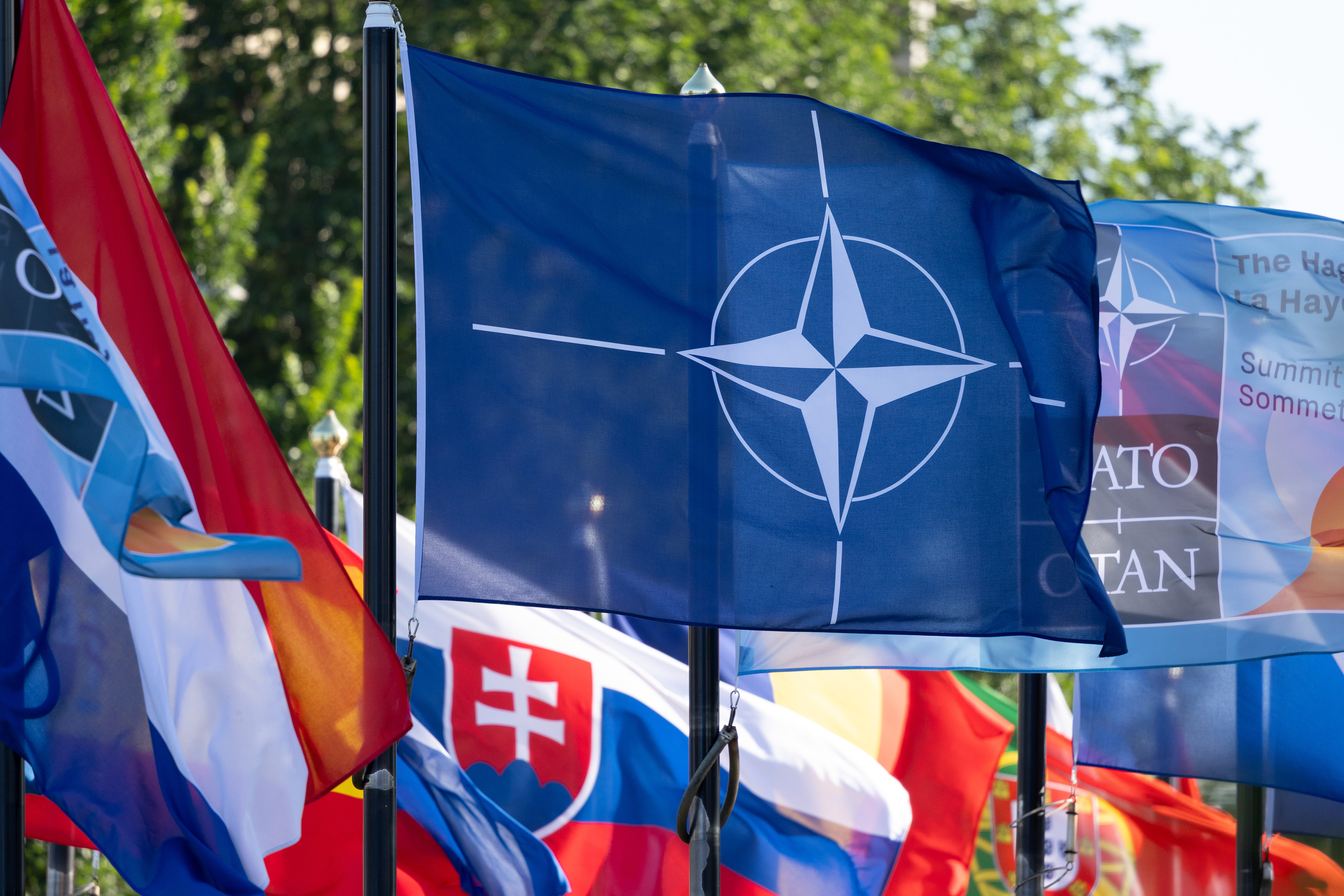 THE HAGUE, NETHERLANDS - JUNE 25: The NATO flag together with the flags of the NATO members is seen outside the VIP entrance at the World Forum during the NATO Summit on June 25, 2025 in The Hague, Netherlands. This year's NATO summit, which brings together heads of state and government from across the military alliance, is being held in the Netherlands for the first time. Among other matters, members are to approve a new defense investment plan that raises target for defense spending to 5% of GDP. (Photo by Omar Havana/Getty Images)