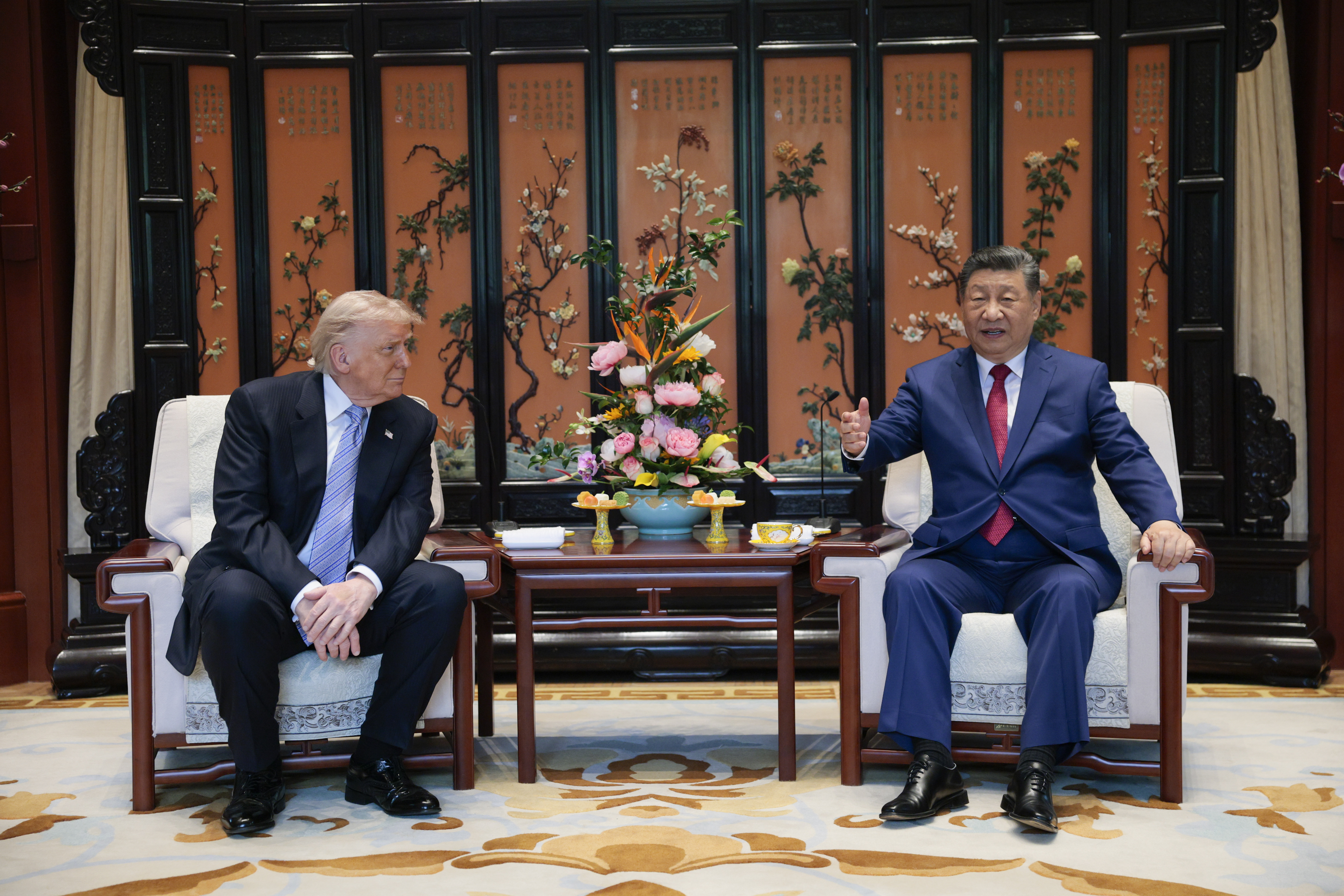 BEIJING, CHINA - MAY 15: U.S. President Donald Trump and Chinese President Xi Jinping meet on the sidelines of a visit to Zhongnanhai Garden on May 15, 2026 in Beijing, China. Trump and other U.S. officials are finishing up a visit intended to address the Iran conflict, trade imbalances, and the Taiwan situation while establishing new bilateral boards for economic and AI oversight. (Photo by Evan Vucci-Pool/Getty Images)