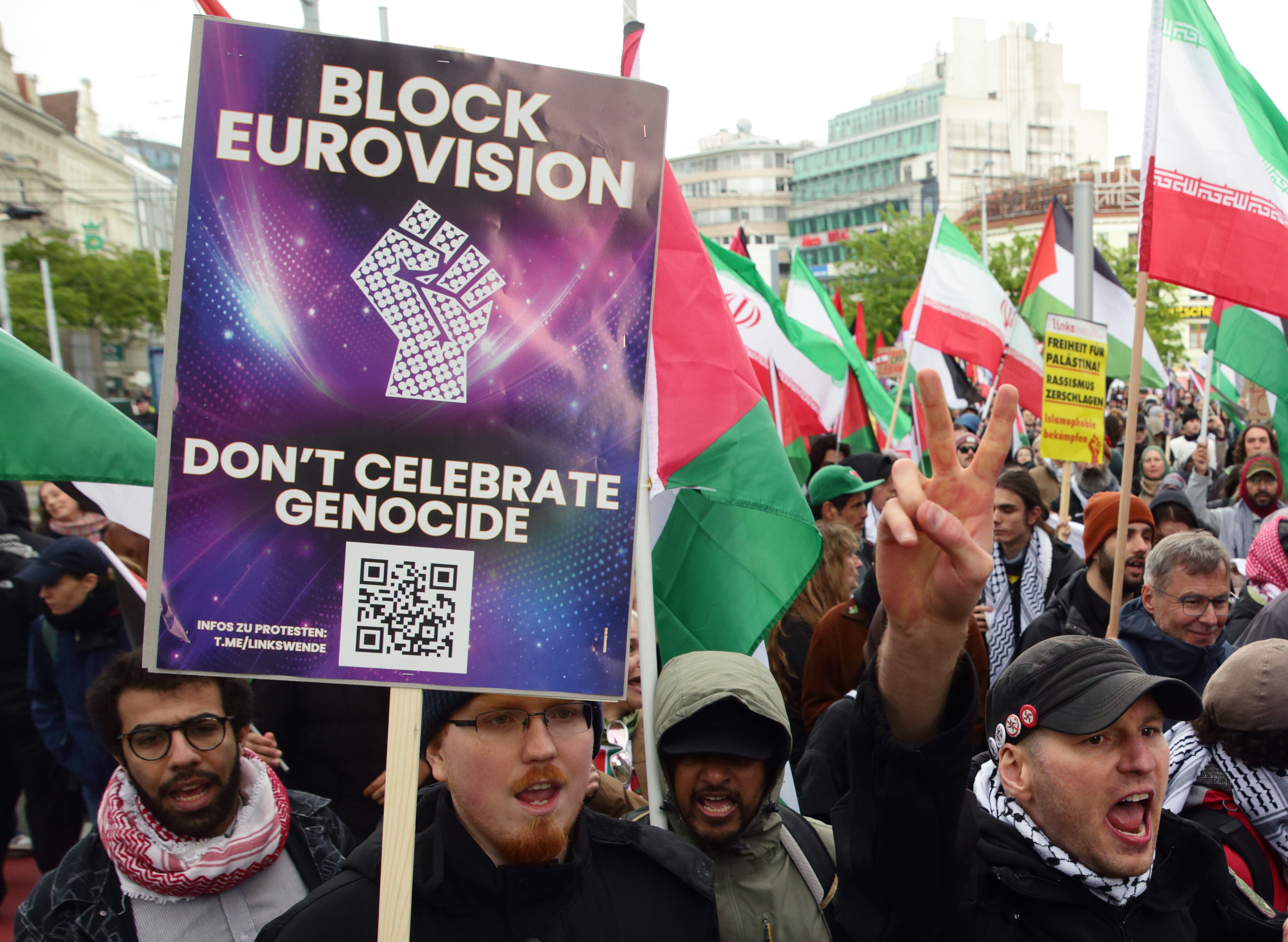 Pro-Palestinian and Iranian activists gather to demonstrate against Israel's participation in this year's Eurovision Song Contest