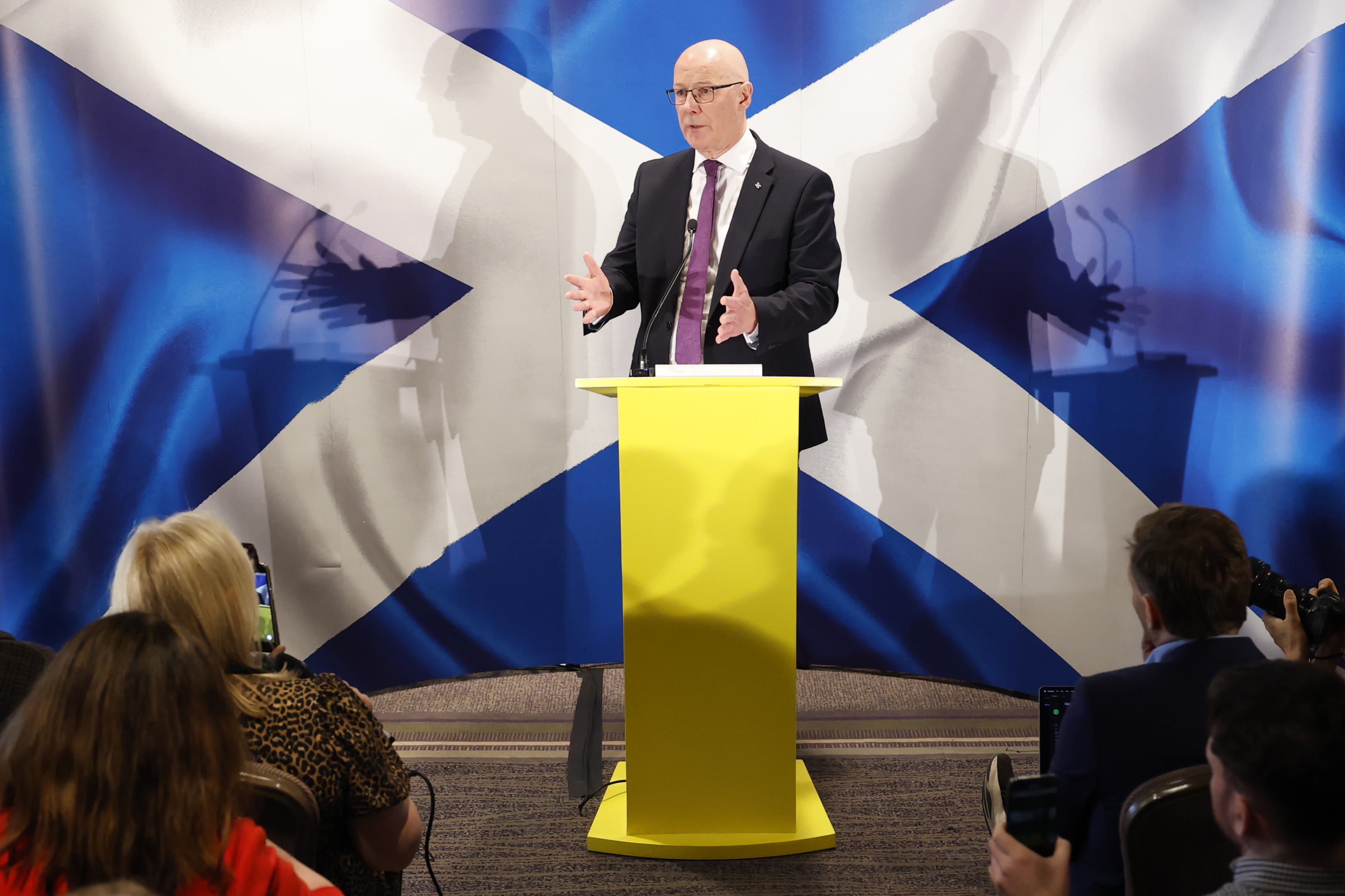 EDINBURGH, SCOTLAND - MAY 25: First Minister John Swinney speaks during a press conference following Peter Murrell's embezzlement hearing at the Edinburgh Marriott Hotel Holyrood on May 25, 2026 in Edinburgh, Scotland. First Minister and SNP Leader John Swinney is speaking to the press after Peter Murrell, the estranged husband of former first minister Nicola Sturgeon, admitted embezzling more than £400,000 the Scottish National Party (SNP) between August 2010 and January 2023, during part of his 22-year tenure as chief executive of the party. (Photo by Jeff J Mitchell/Getty Images)