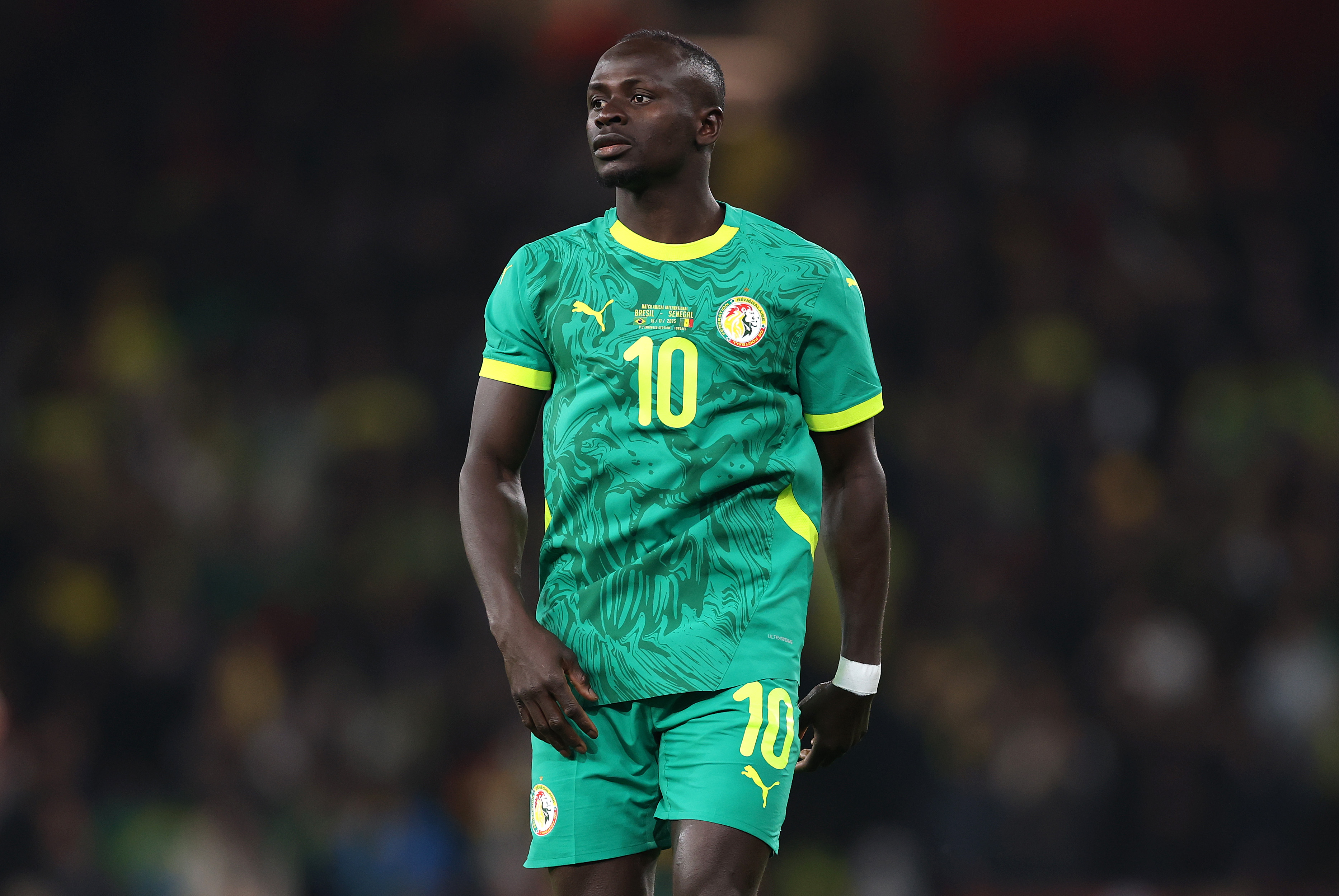 LONDON, ENGLAND - NOVEMBER 15: Sadio Mane of Senegal reacts during the International Friendly between Brazil and Senegal at Emirates Stadium on November 15, 2025 in London, England. (Photo by Ryan Pierse/Getty Images)
