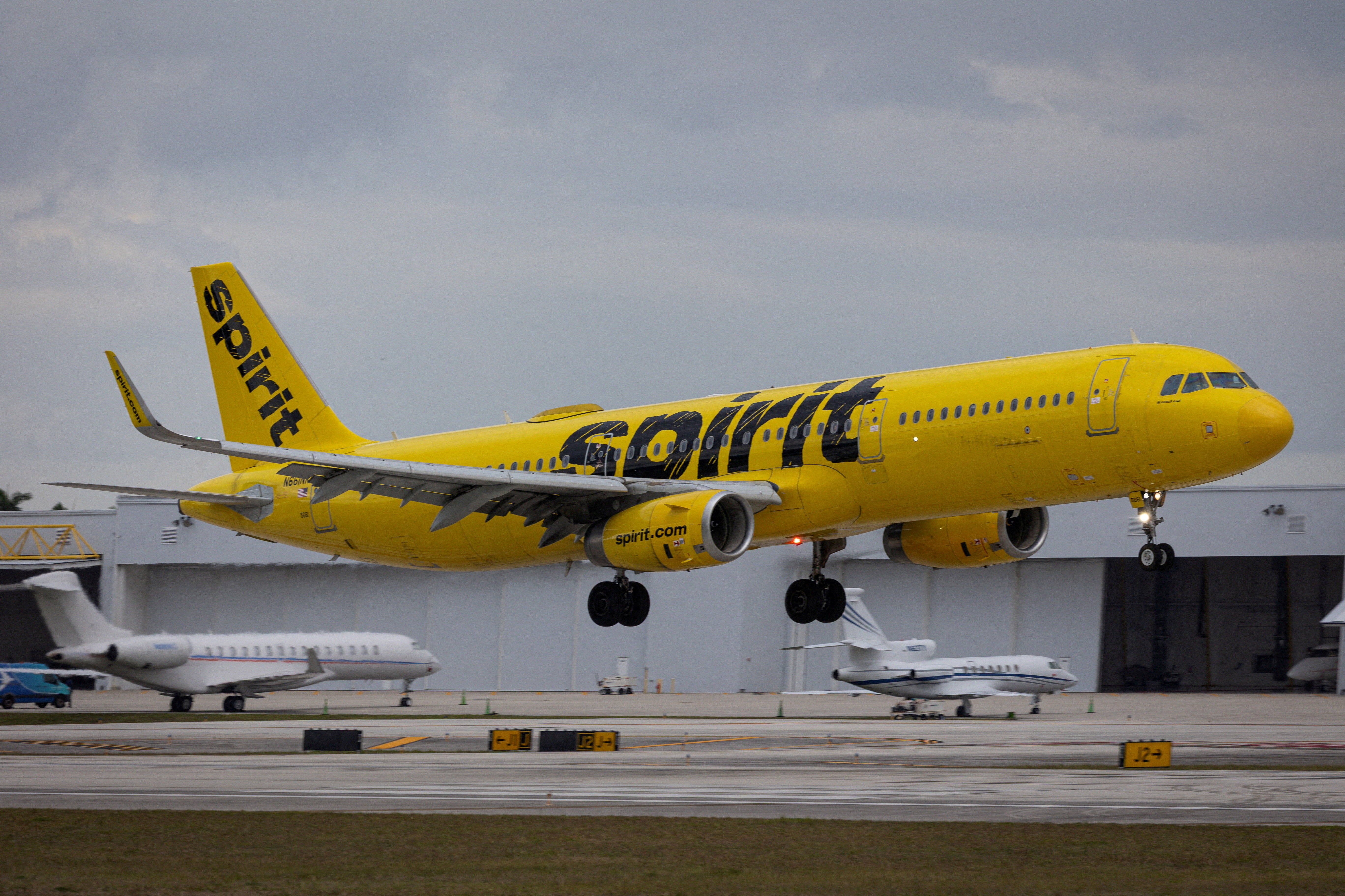 A Spirit Airlines aircraft land s at Fort Lauderdale airport in Florida, US