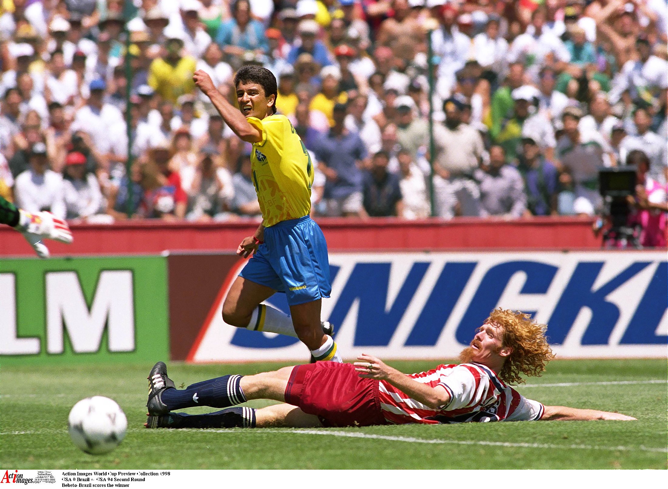 Football - 1994 FIFA World Cup - Second Round - United States of America v Brazil - Stanford Stadium, San Francisco - 4/7/94 Bebeto of Brazil scores the winner Mandatory Credit: Action Images