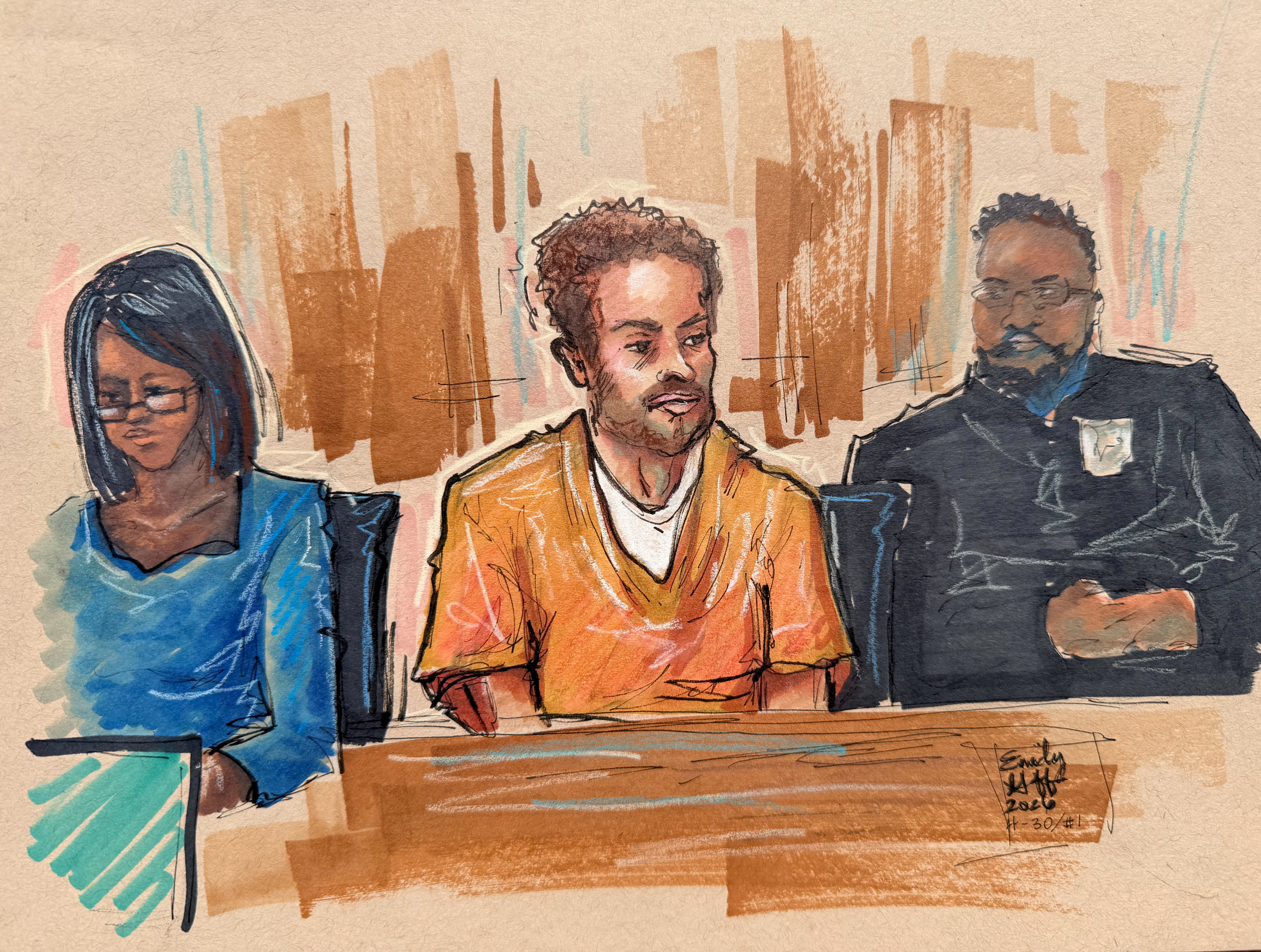 FILE PHOTO: Cole Tomas Allen, a suspect in the White House Correspondents' Association (WHCA) dinner shooting, sits in the courtroom during a hearing after being charged with attempting to assassinate U.S. President Donald Trump, in Washington D.C., U.S., April 30, 2026, in this courtroom sketch. REUTERS/Emily Goff/File Photo