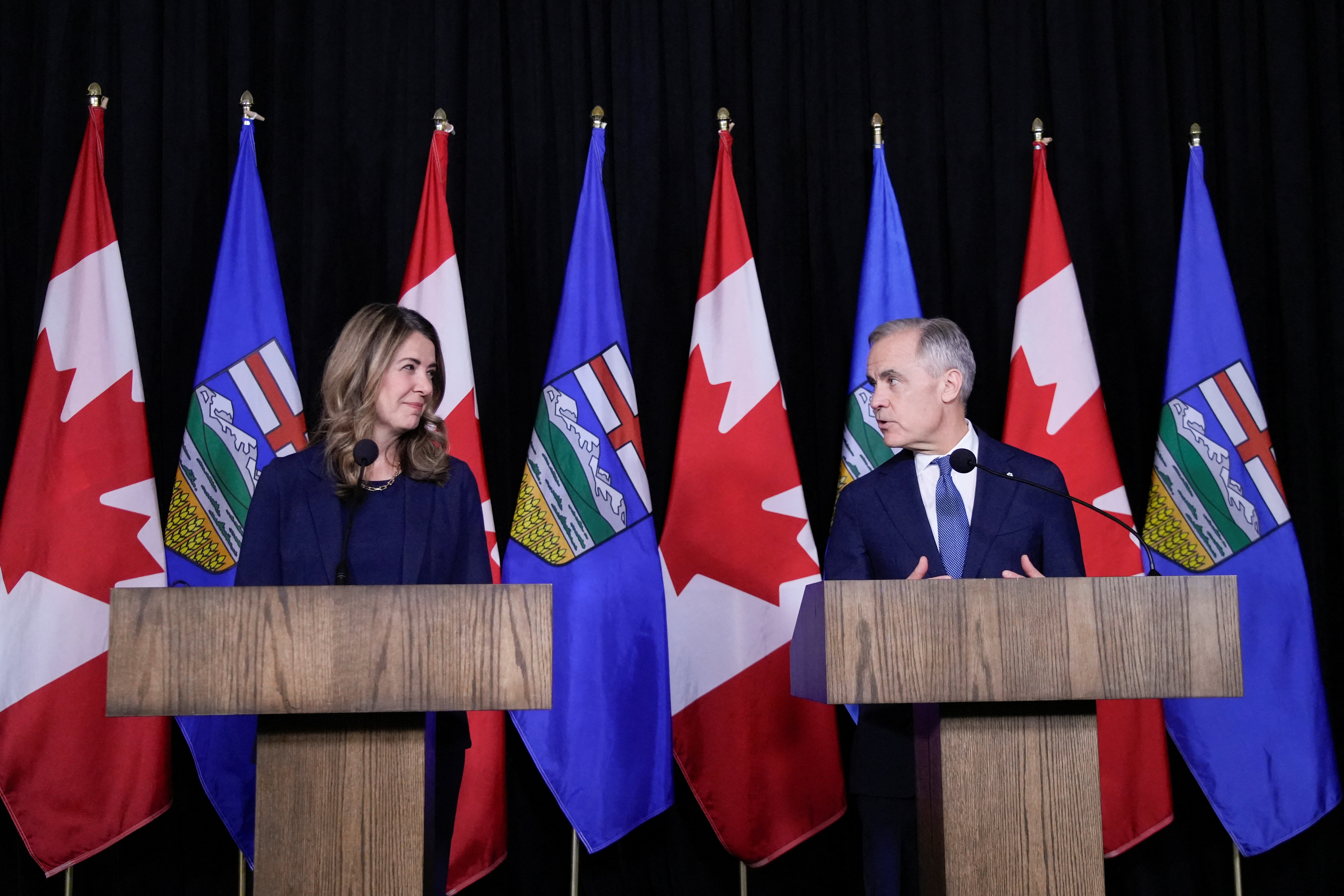 Canada's Prime Minister Mark Carney meets with Alberta Premier Danielle Smith in Calgary, Alberta, Canada May 15, 2026. REUTERS/Todd Korol