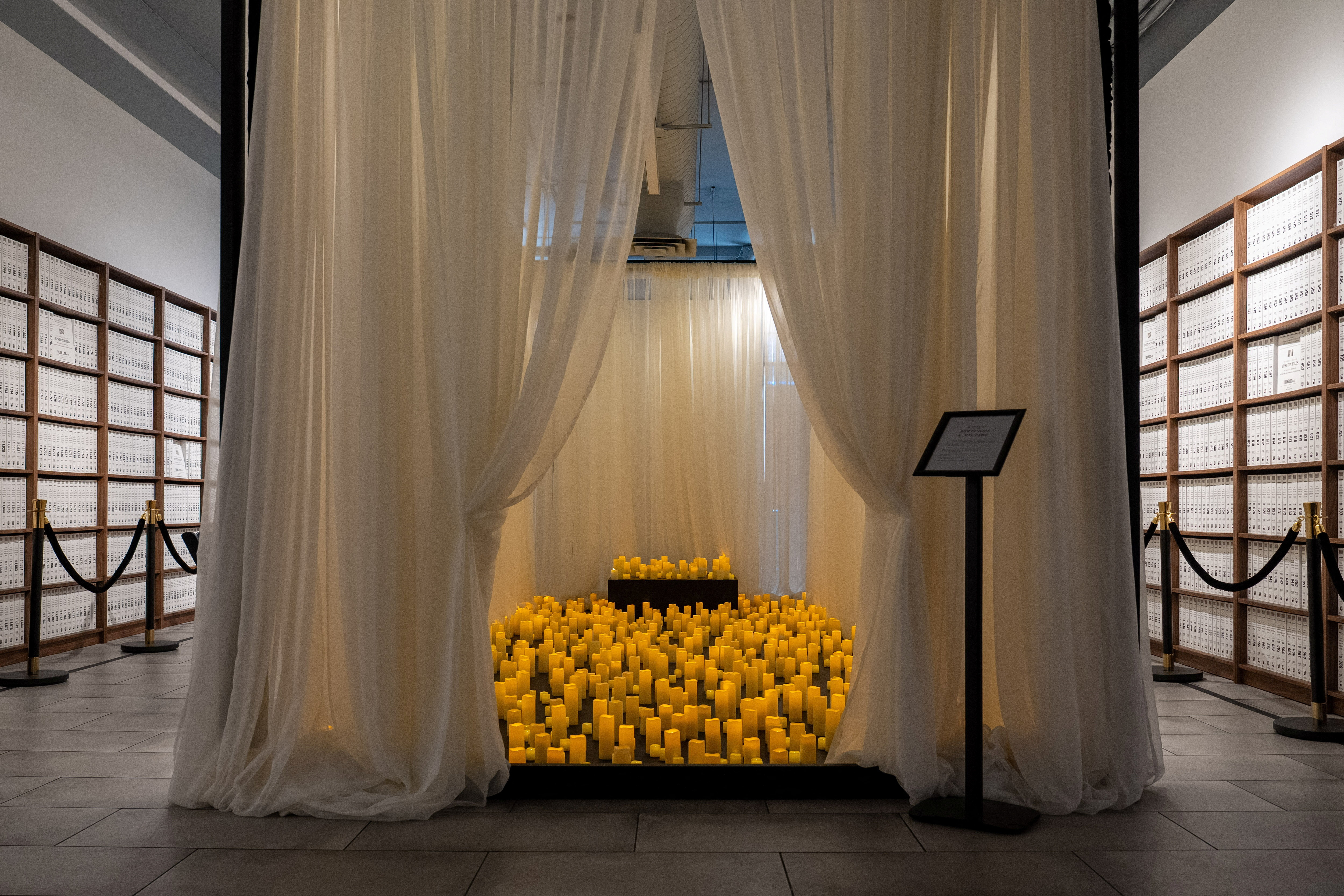 A tribute dedicated to the survivors and victims of Jeffrey Epstein's crimes is featured at the Donald J. Trump and Jeffrey Epstein Memorial Reading Room in New York City, U.S., May 8, 2026. REUTERS/David 'Dee' Delgado
