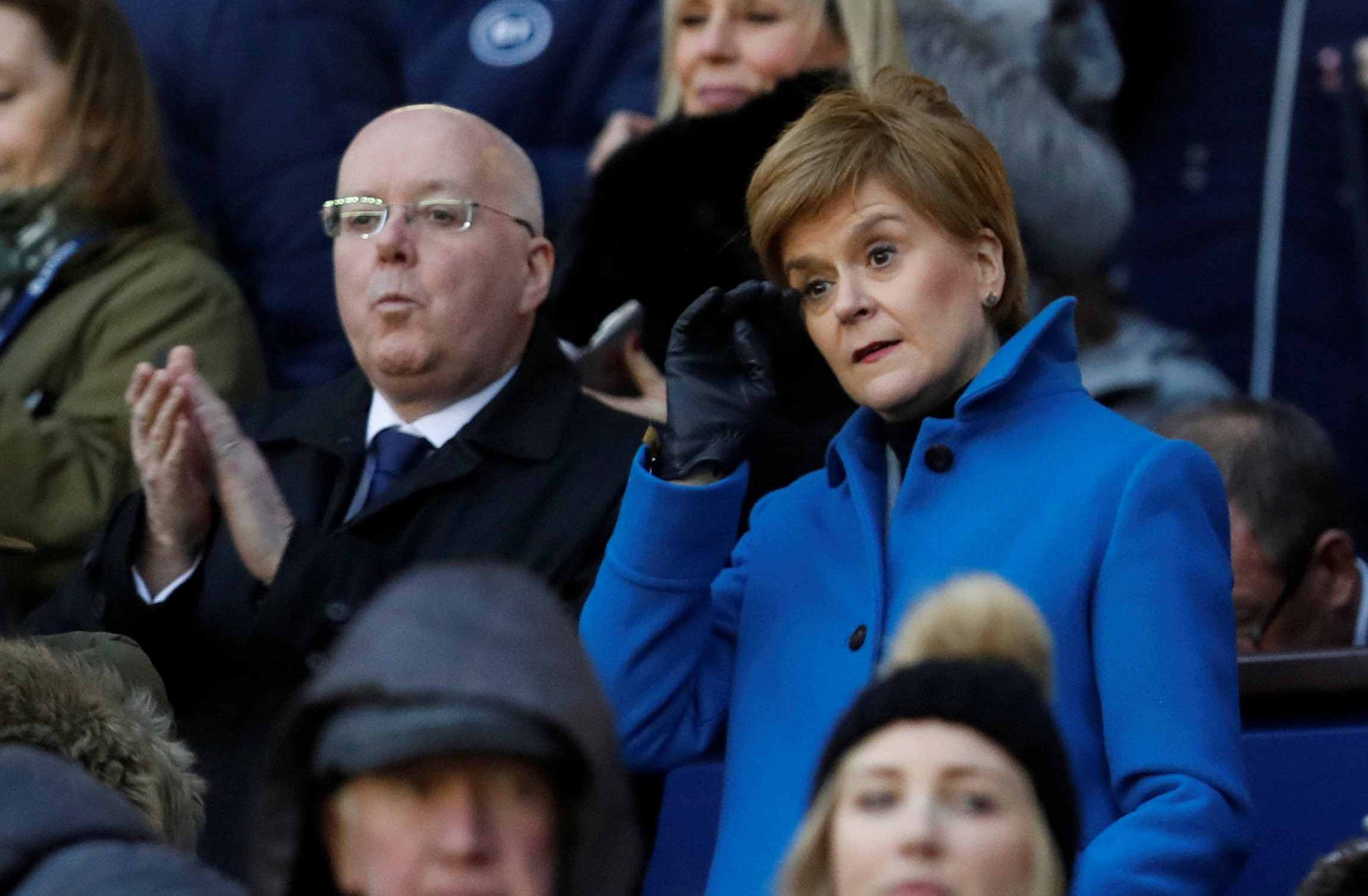 Rugby Union - Six Nations Championship - Scotland v England - Murrayfield Stadium, Edinburgh, Scotland, Britain - February 8, 2020 Scotland's First Minister Nicola Sturgeon and Peter Murrell in the stands REUTERS/Russell Cheyne