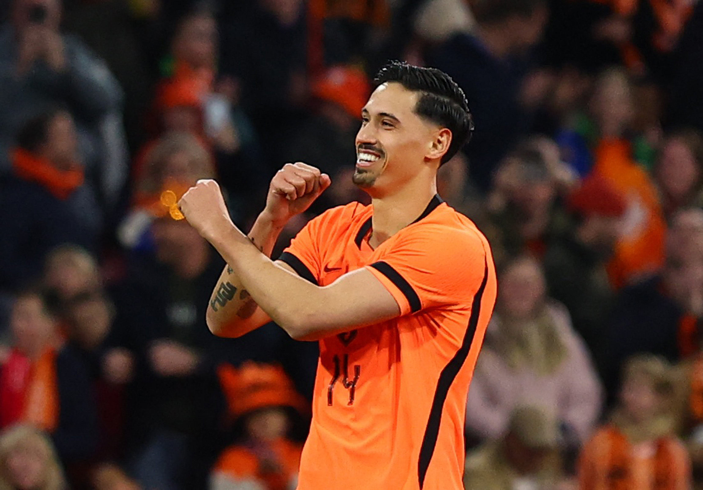 Soccer Football - International Friendly - Netherlands v Norway - Johan Cruijff Arena, Amsterdam, Netherlands - March 27, 2026 Netherlands' Tijjani Reijnders celebrates scoring their second goal REUTERS/Piroschka Van De Wouw