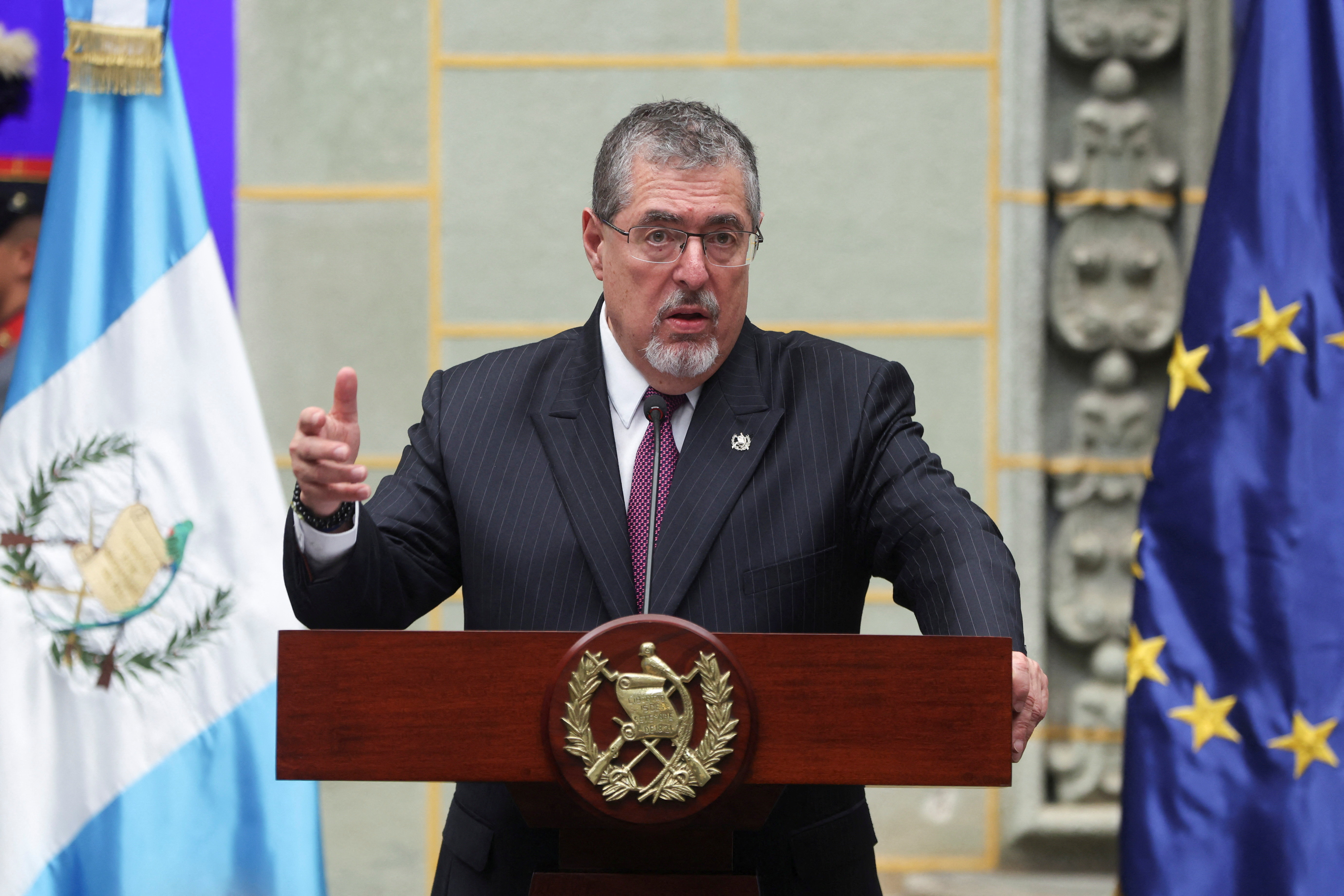 Guatemala's President Bernardo Arevalo speaks during a joint press conference with European Council President Antonio Costa (not pictured) at the National Palace of Culture, in Guatemala City, Guatemala May 20, 2026. REUTERS/Mariano Macz