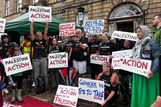 Several people have been arrested during protests in Scotland calling on the UK to drop the ban on Palestine Action [Courtesy Scottish Palestine Solidarity Campaign]