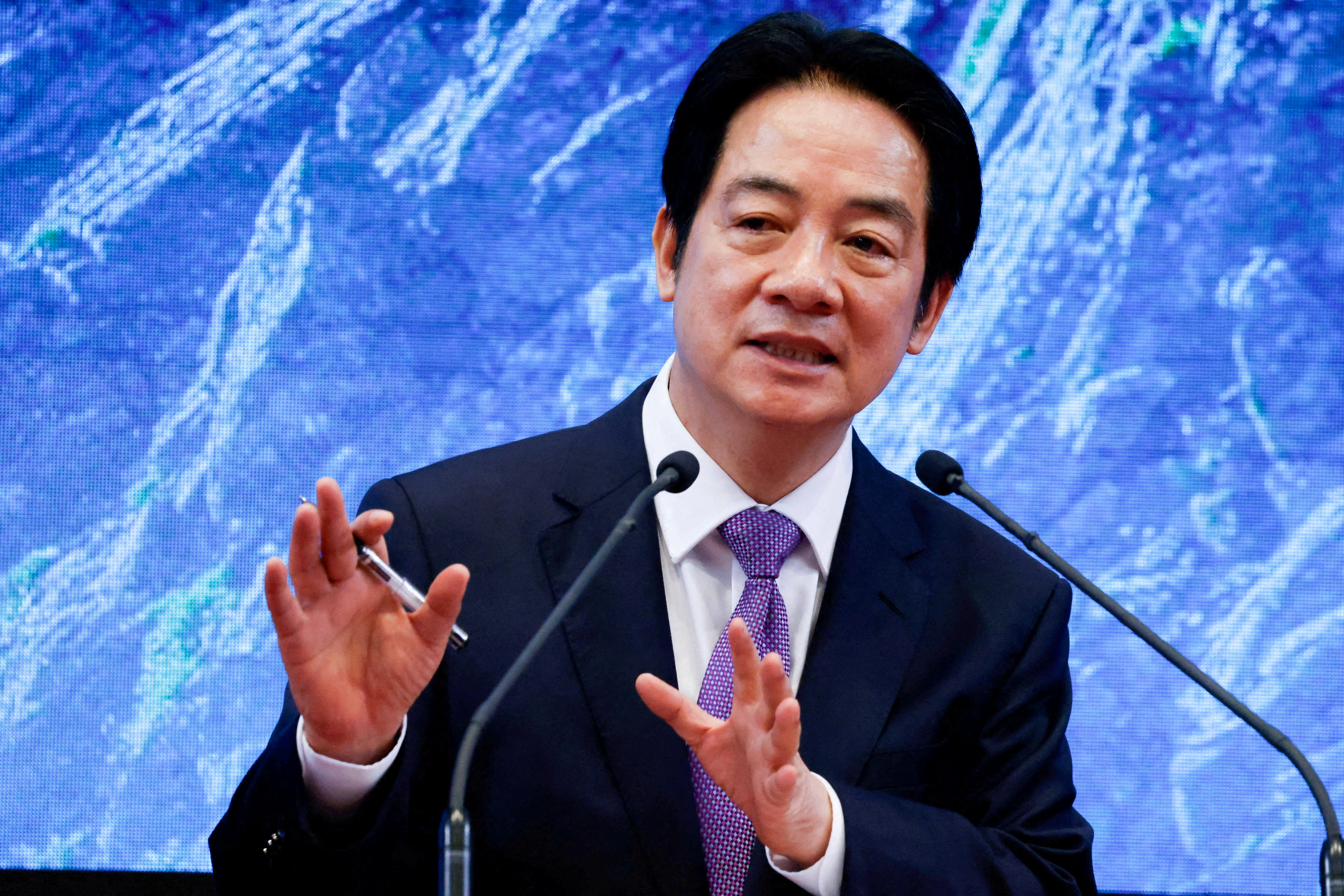 Taiwan President Lai Ching-te speaks at a news conference on the second anniversary of his taking office