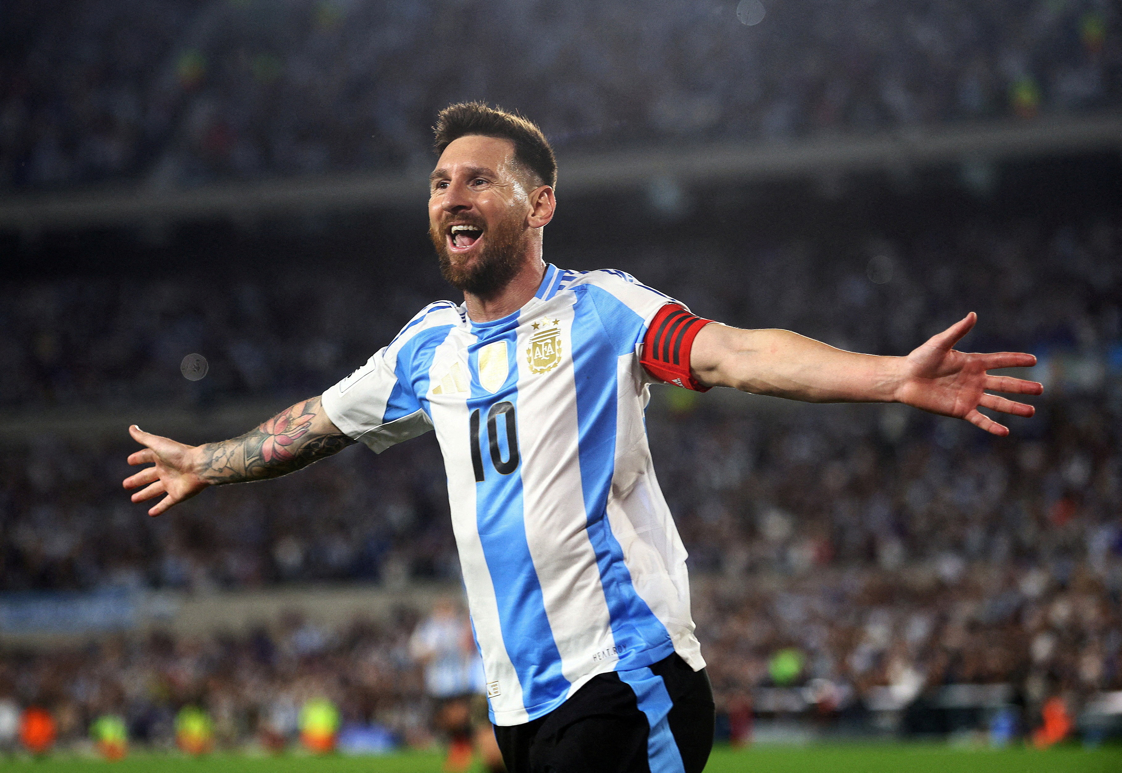 FILE PHOTO: Soccer Football - World Cup - South American Qualifiers - Argentina v Bolivia - Estadio Mas Monumental, Buenos Aires, Argentina - October 15, 2024 Argentina's Lionel Messi celebrates scoring their first goal REUTERS/Matias Baglietto/File Photo