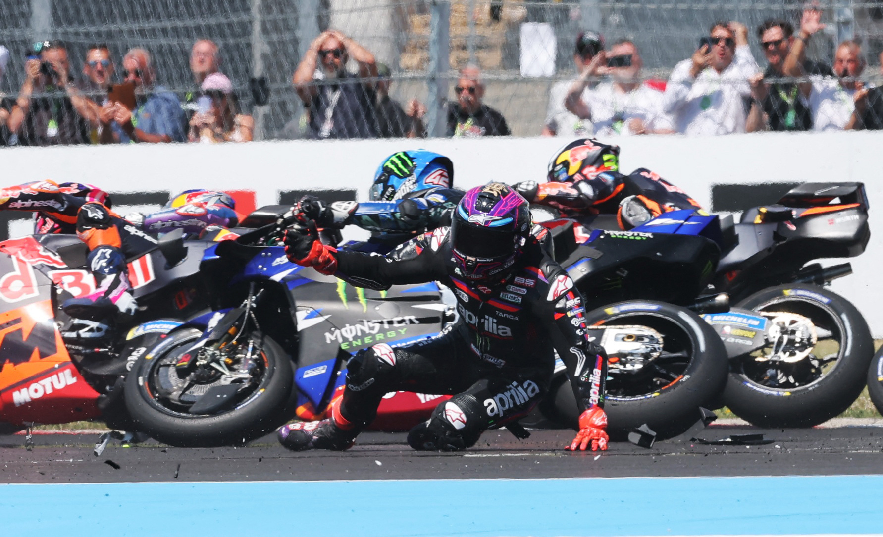 Aprilia Racing’s Jorge Martin falls after crashing on lap one of the Hungarian Grand Prix