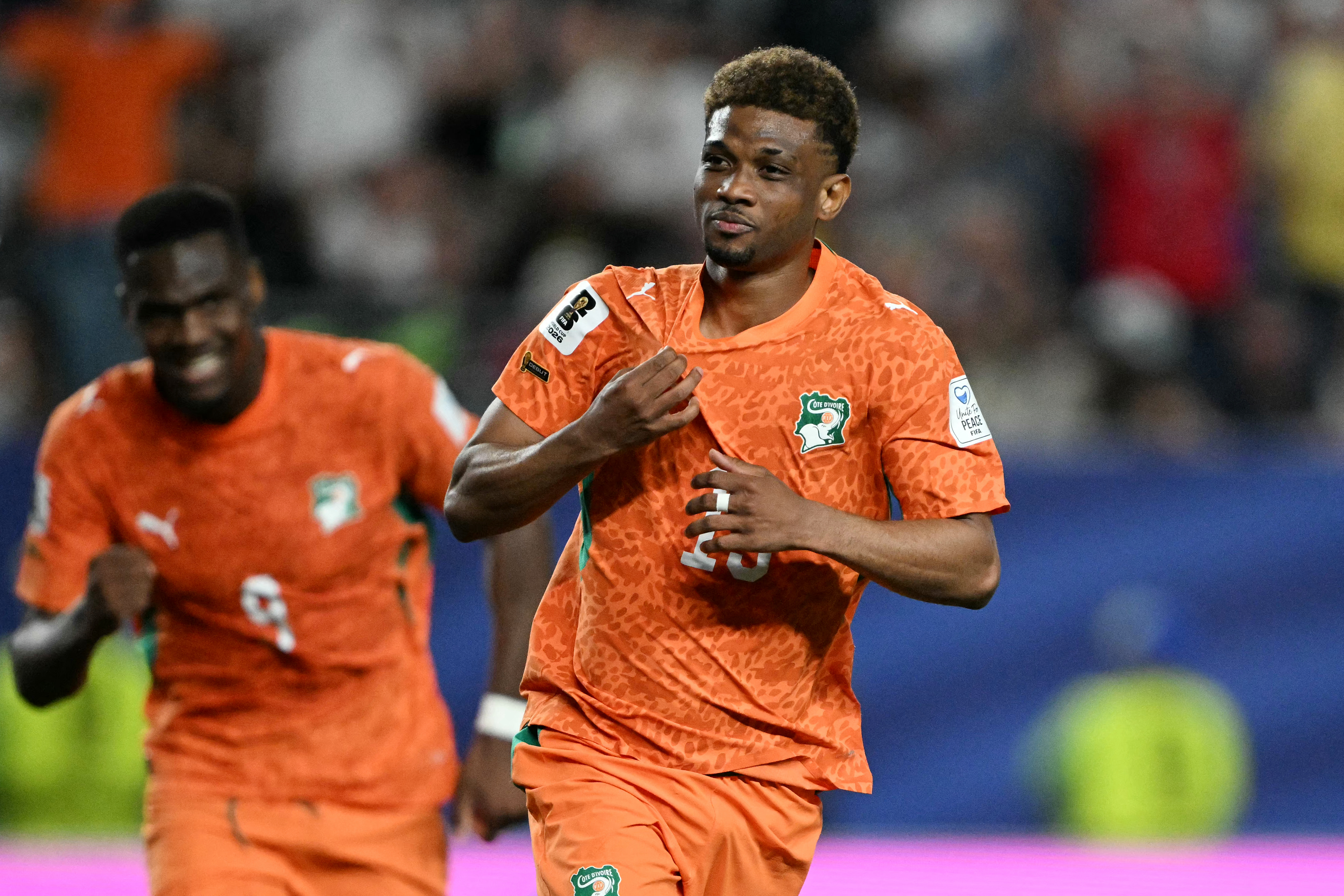 Ivory Coast's forward #15 Amad Diallo celebrates scoring his team's first goal during the 2026 World Cup Group E football match between Ivory Coast and Ecuador at the Philadelphia Stadium in Philadelphia on June 14, 2026. (Photo by MAURO PIMENTEL / AFP)