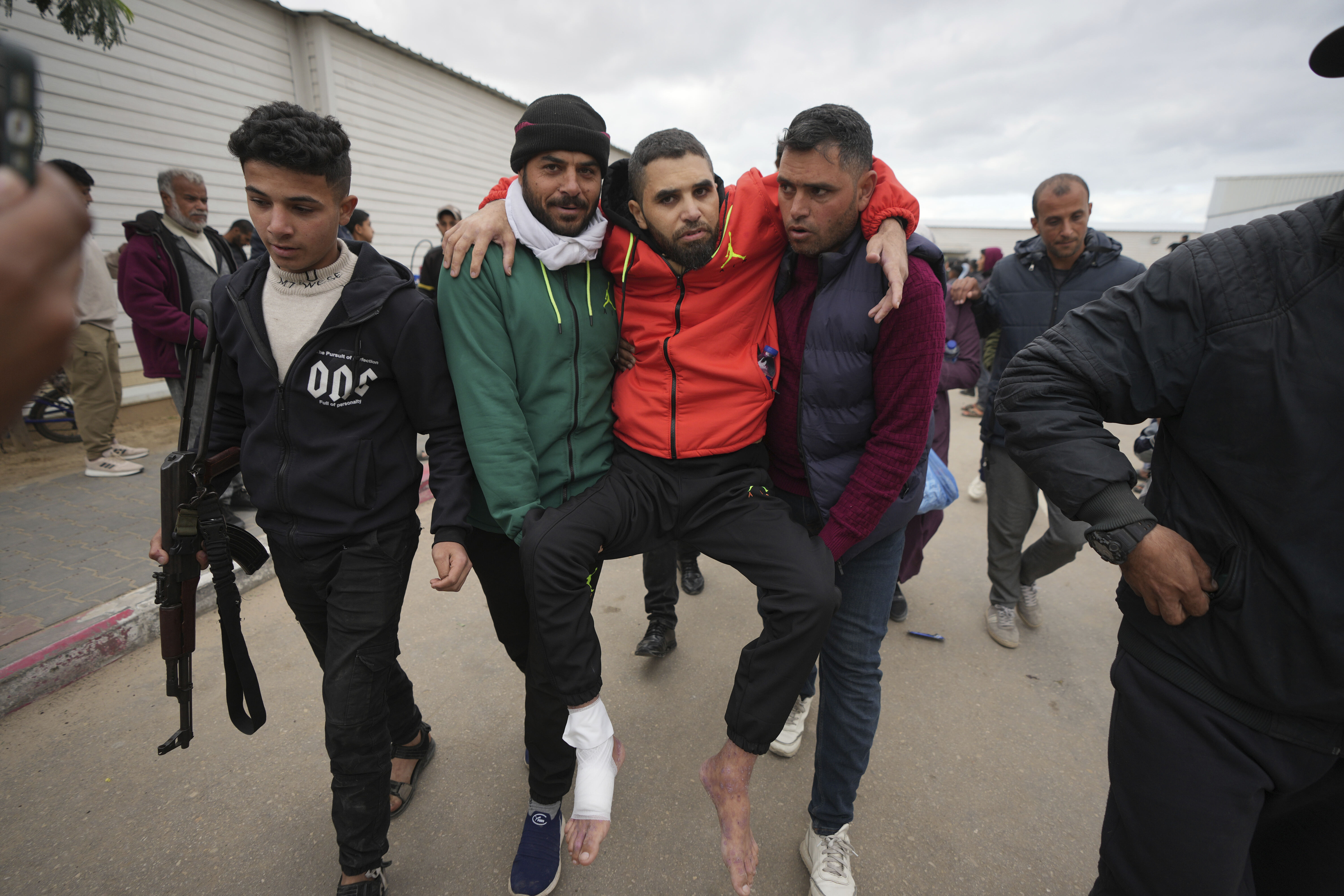 A freed Palestinian prisoner is carried as he arrives in the Gaza Strip after being released from an Israeli prison following a ceasefire agreement between Hamas and Israel in Khan Younis, souther Gaza Strip, on Saturday February 8, 2025