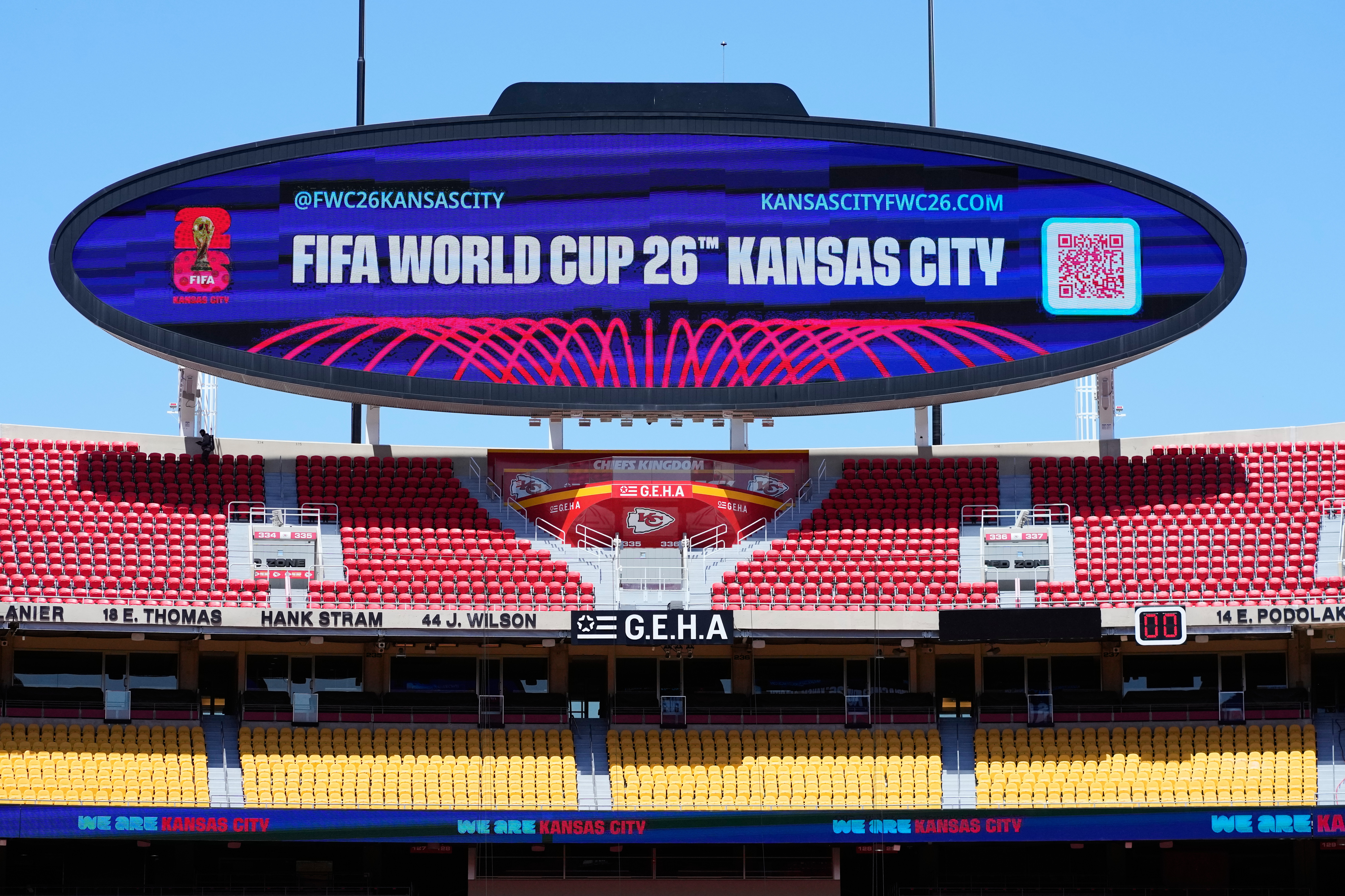 A general view of Arrowhead Stadium as it is rebranded as Kansas City Stadium, Monday, May 11, 2026, ahead of the 2026 FIFA World Cup soccer matches in Kansas City, Mo. (AP Photo/Charlie Riedel)