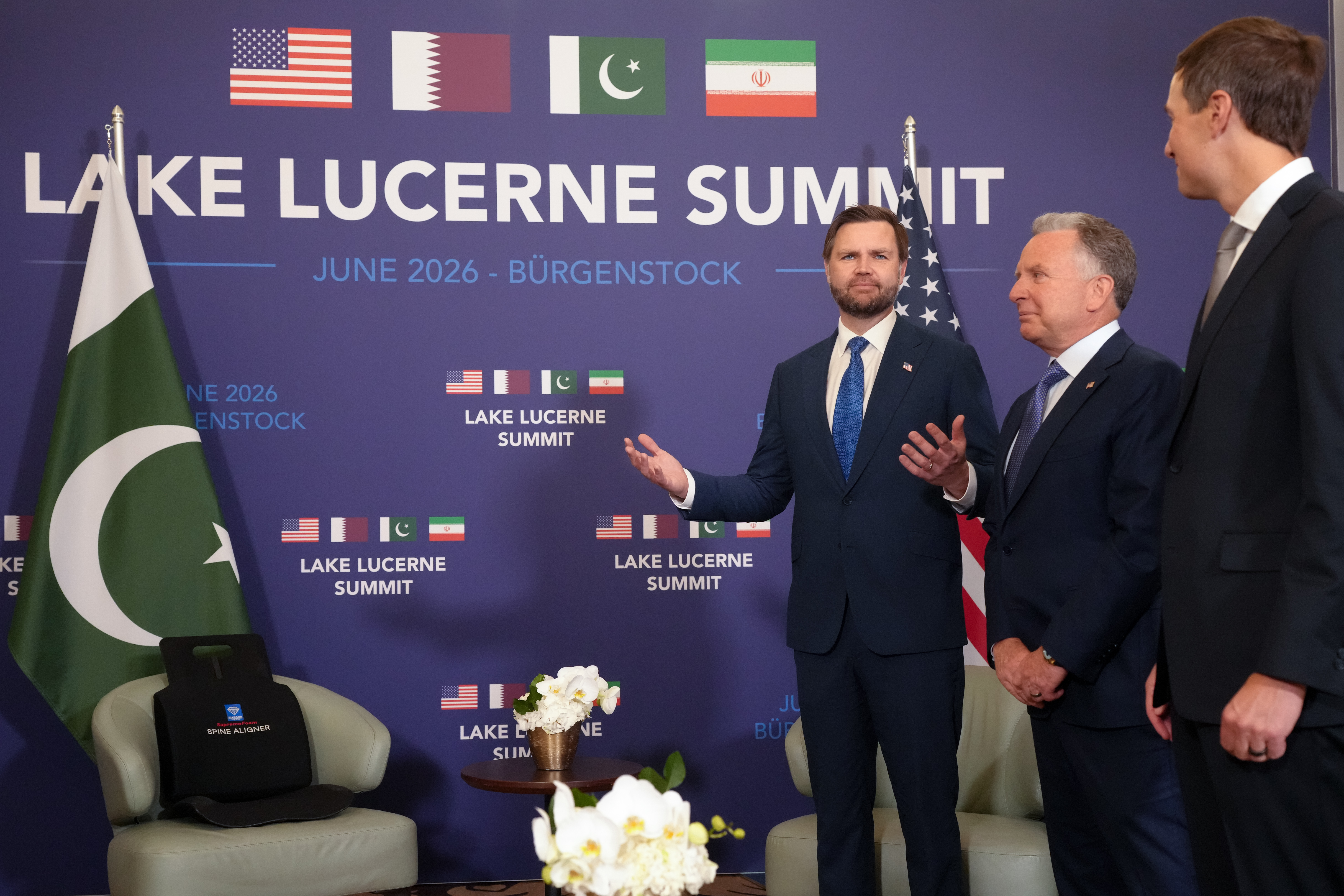 US Vice President JD Vance, left, reacts next to US President Donald Trump’s envoys Steve Witkoff, second right, and Jared Kushner, right, while waiting to meet with Pakistan’s Prime Minister Shehbaz Sharif at the Buergenstock Resort in Obbuergen, near Lucerne, in Switzerland, Sunday, June 21, 2026
