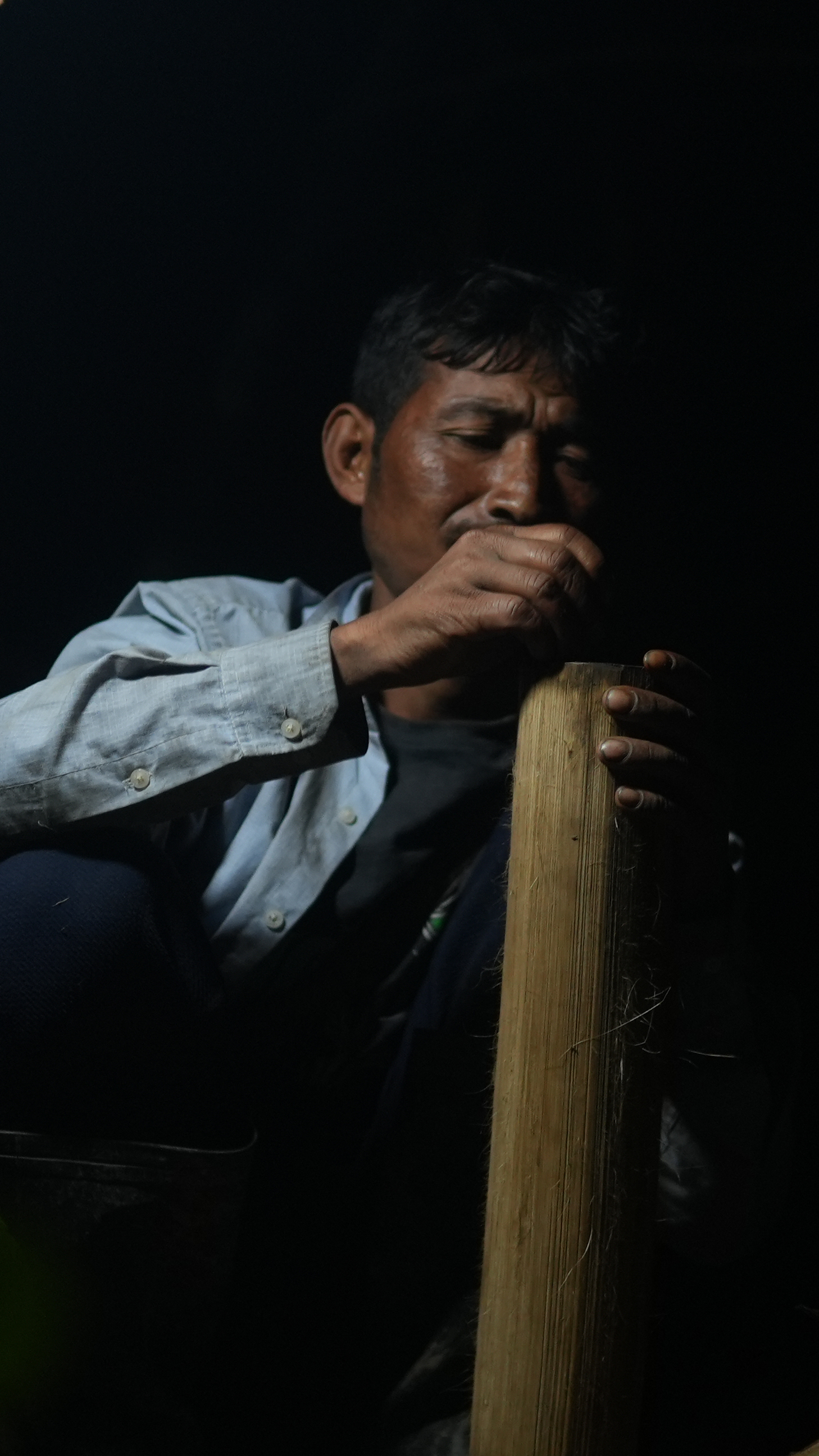 Eddie Kharbani gathers niangtaser in a tyndong, a bamboo container carried by collectors as they search the forest edge for the insects after dark [Ashutosh Kumar/Al Jazeera]
