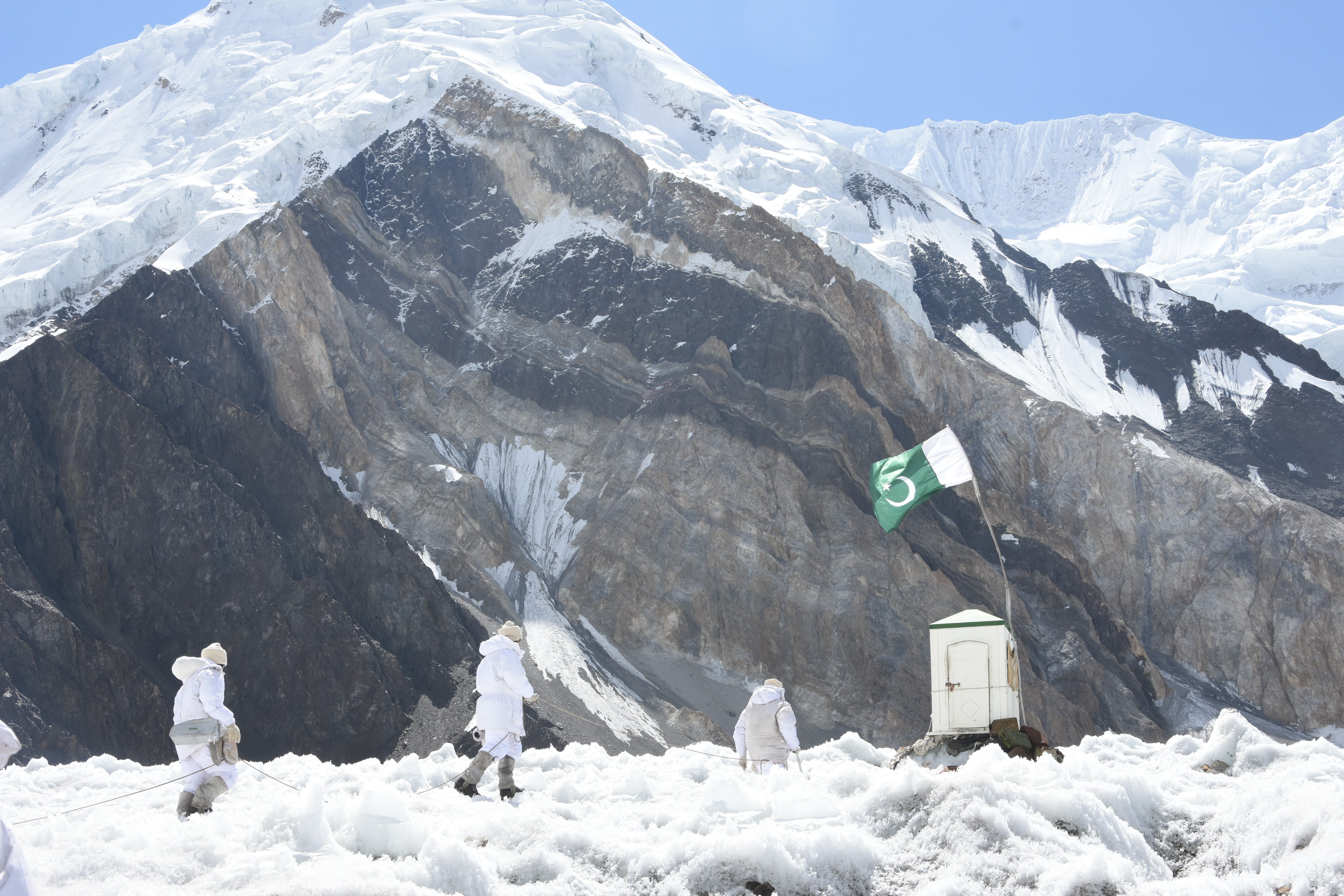 SIACHEN, PAKISTAN- SEPTEMBER 16: Pakistani soldiers patrol where India and Pakistan both claim the area and have thousands of soldiers stationed there in Siachen, Pakistan on September 16, 2019. At a height of up to 8,000 meters, Siachen is regarded as the world's highest battlefield due to military conflict between India and Pakistan which was started in 1984. Military life in the region is viewed by Anadolu Agency for the first time in international media.