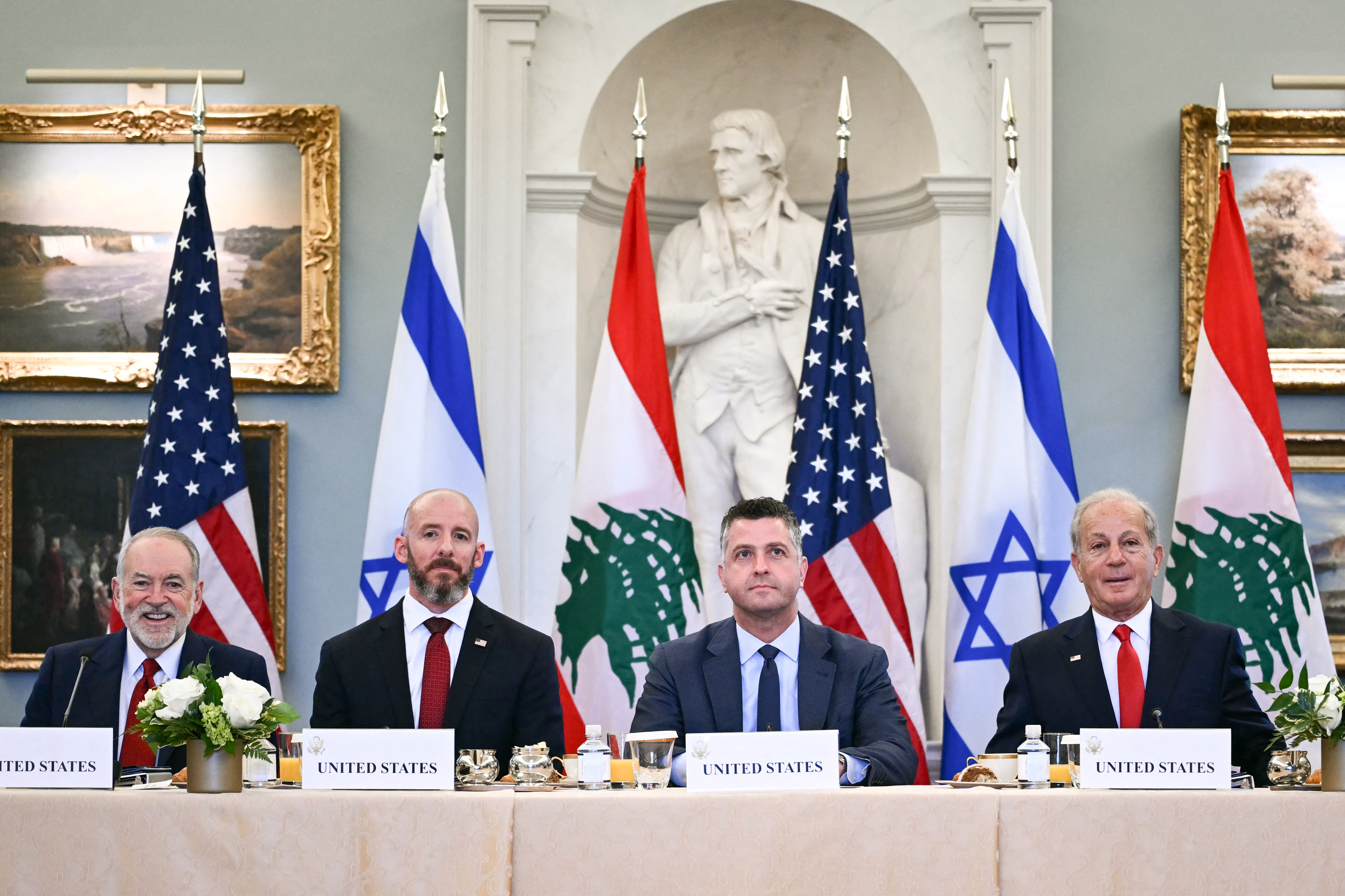 (L/R) US Ambassador to Israel Mike Huckabee, State Department Chief of Staff Daniel Holler, Deputy National Security Advisor Mike Needham, and US Ambassador to Lebanon Michel Issa attend a meeting with Israeli and Lebanese delegations at the State Department in Washington, DC, on June 2, 2026.
