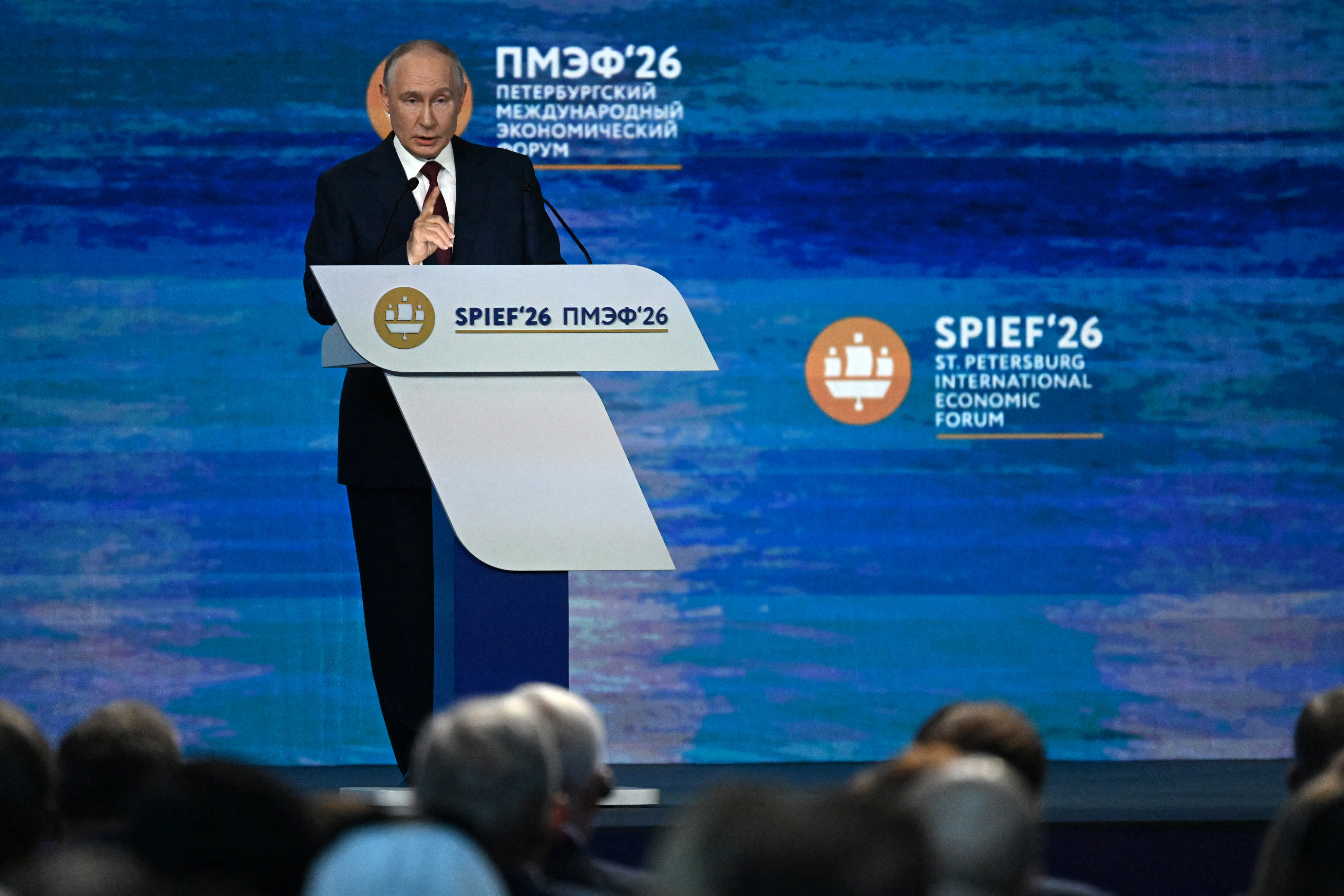 Russian President Vladimir Putin delivers a speech during the plenary session of the St. Petersburg International Economic Forum (SPIEF) in Saint Petersburg on June 5, 2026. (Photo by OLGA MALTSEVA / AFP)