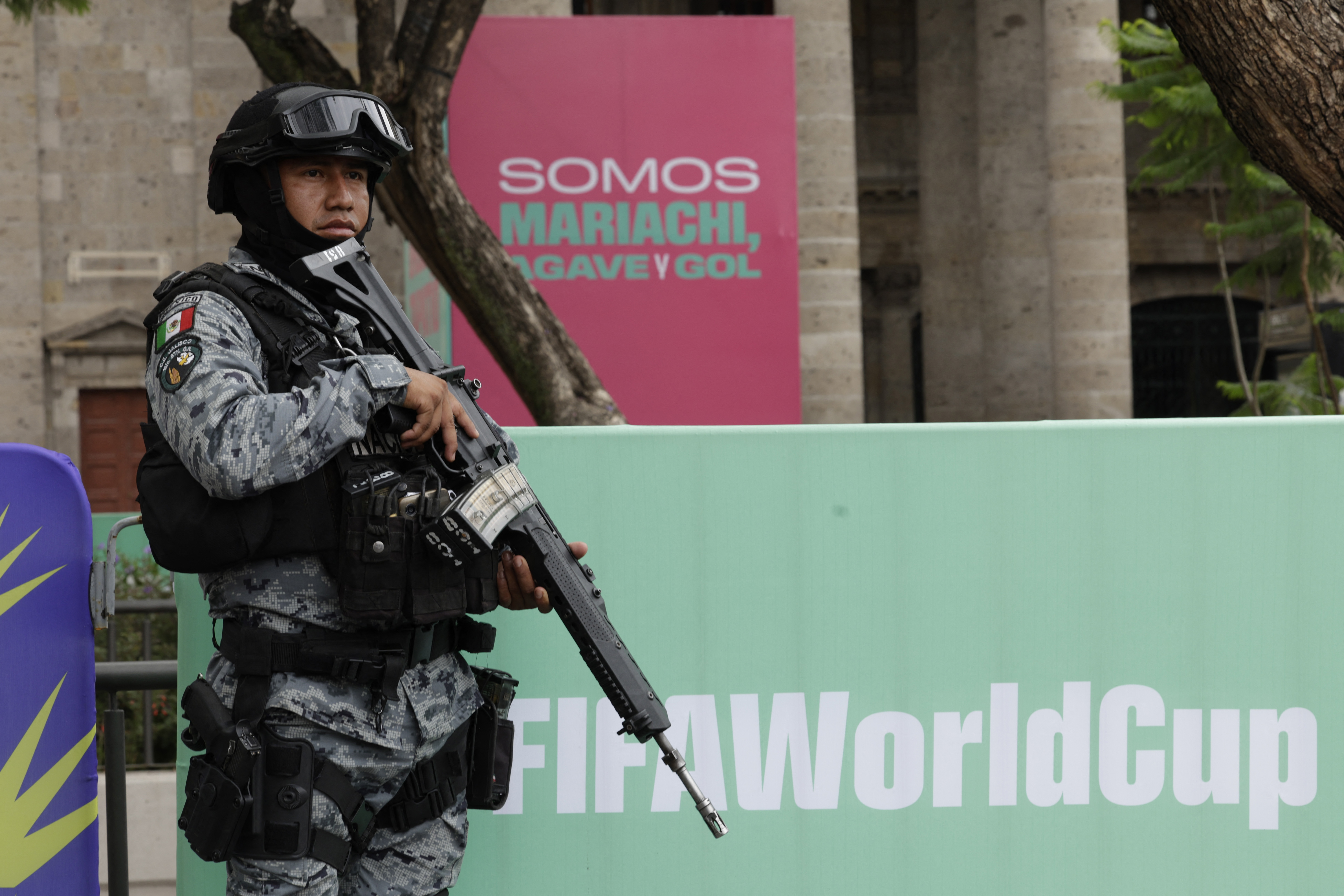 A National Guard member stands guard at the “FIFA Fan Fest Guadalajara” installation at Plaza Liberacion and Plaza de Armas in downtown Guadalajara, Jalisco State, Mexico, on June 9, 2026, ahead of the 2026 FIFA World Cup football tournament. (Photo by Ulises Ruiz / AFP)