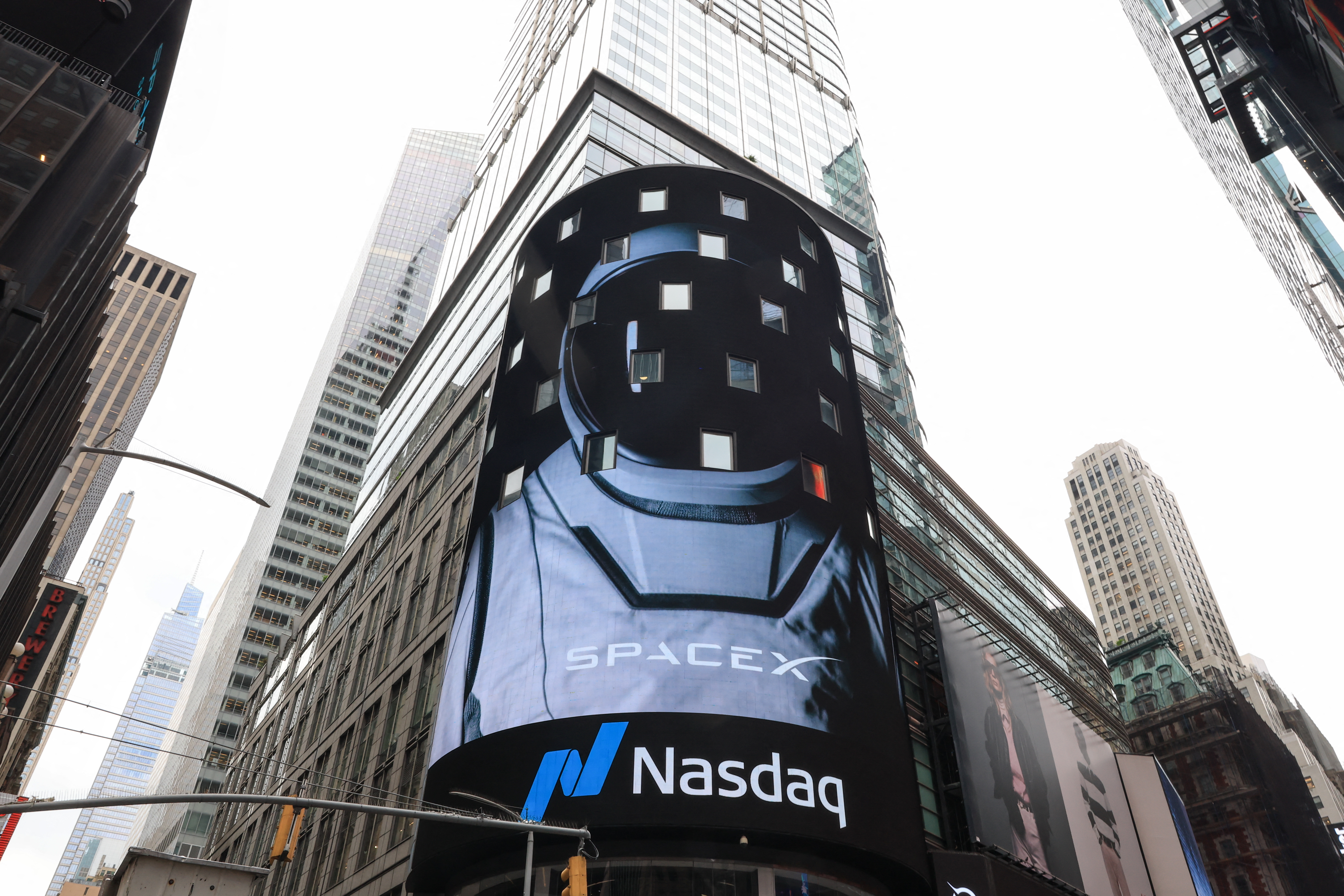 A view of the Nasdaq MarketSite after SpaceX company executives rang the opening bell to celebrate the launch of SpaceX’s initial public offering (IPO) in New York on June 12, 2026.