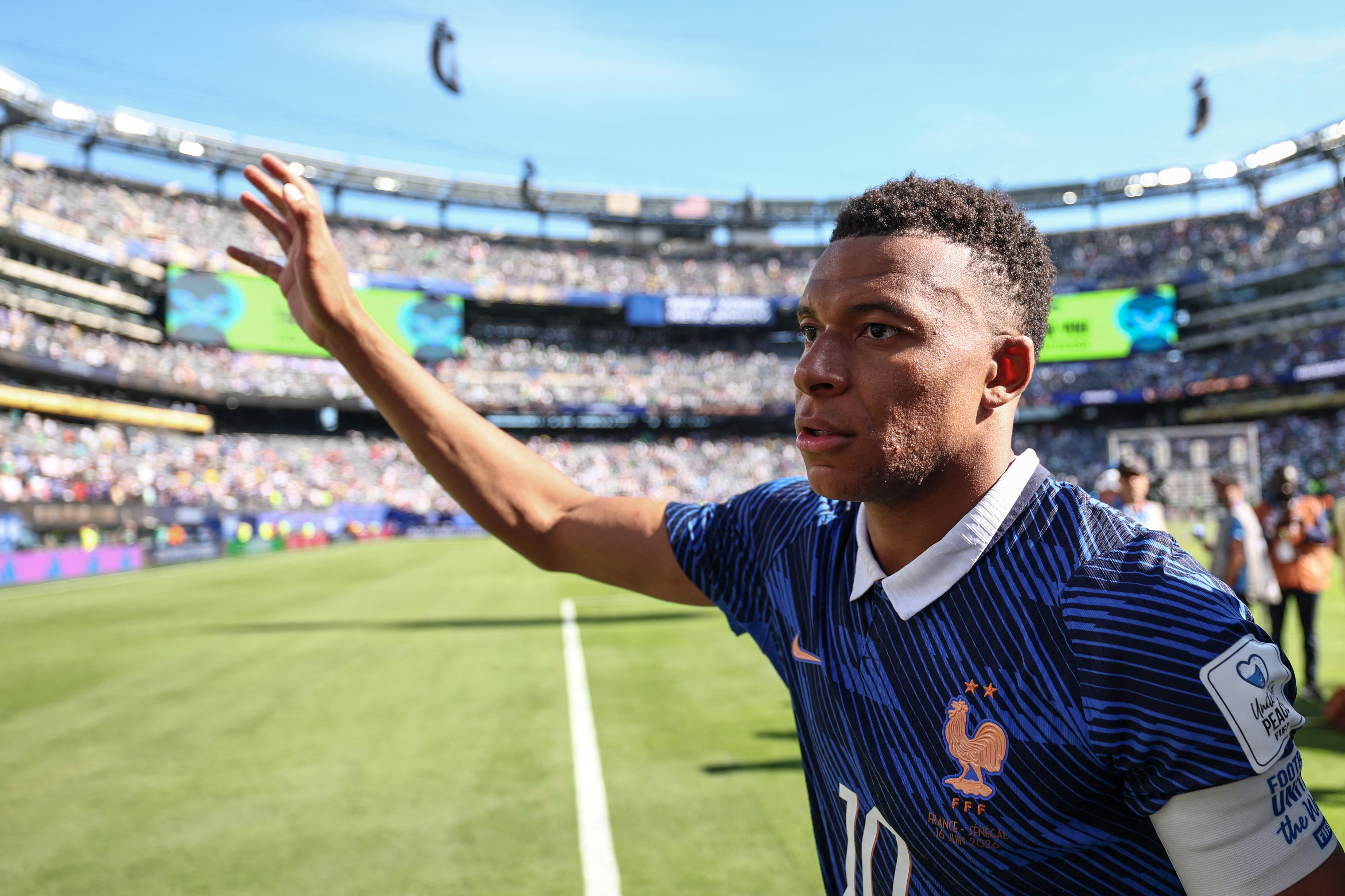 France's forward #10 Kylian Mbappe acknowledges the crowd after winning the 2026 World Cup Group I football match between France and Senegal at the New York/New Jersey Stadium in East Rutherford on June 16, 2026.
