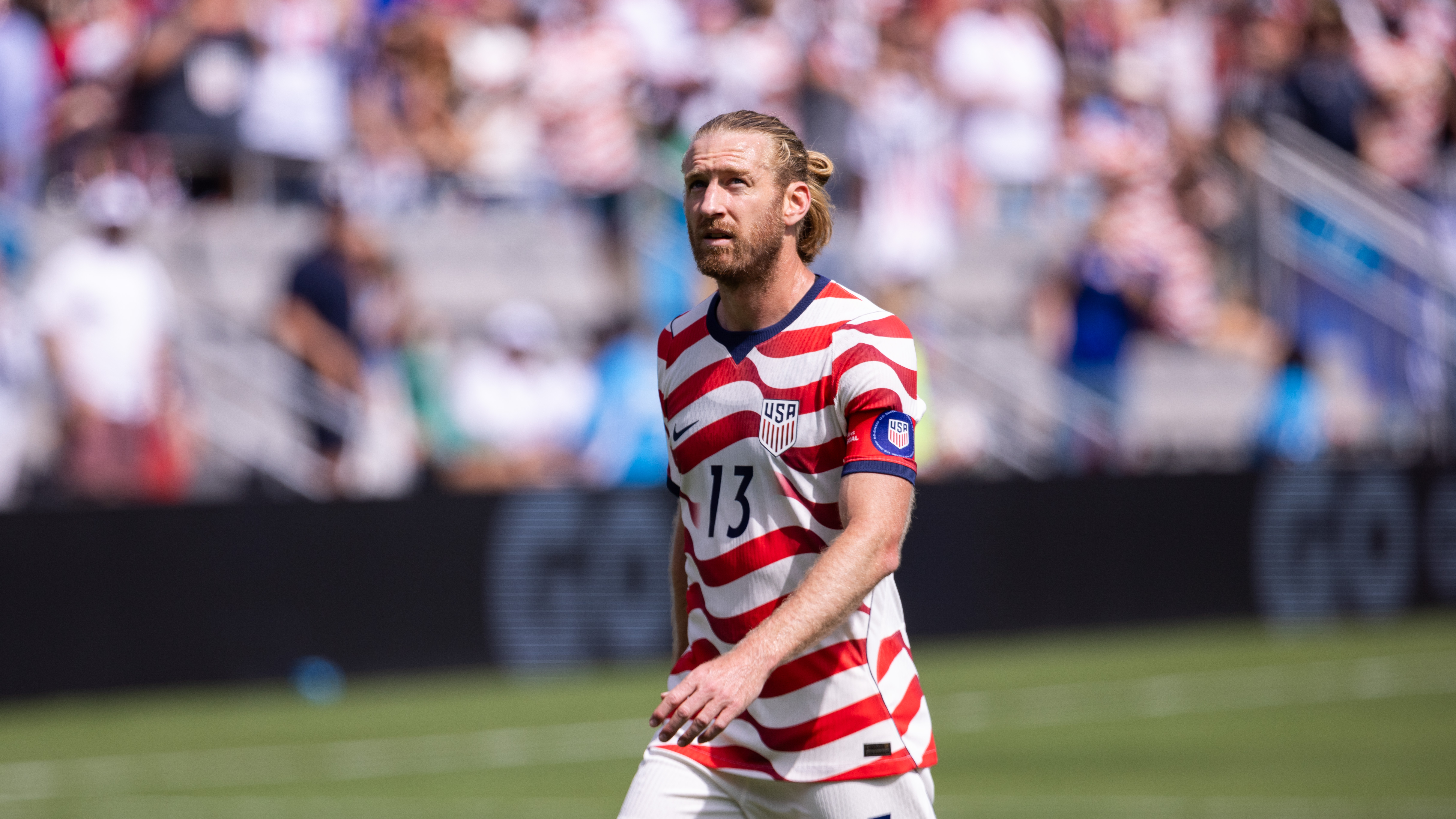 United States defender Tim Ream (13) watches a replay during the first half against Senegal in an international friendly soccer match Sunday, May 31, 2026, in Charlotte, N.C. (AP Photo/Scott Kinser)