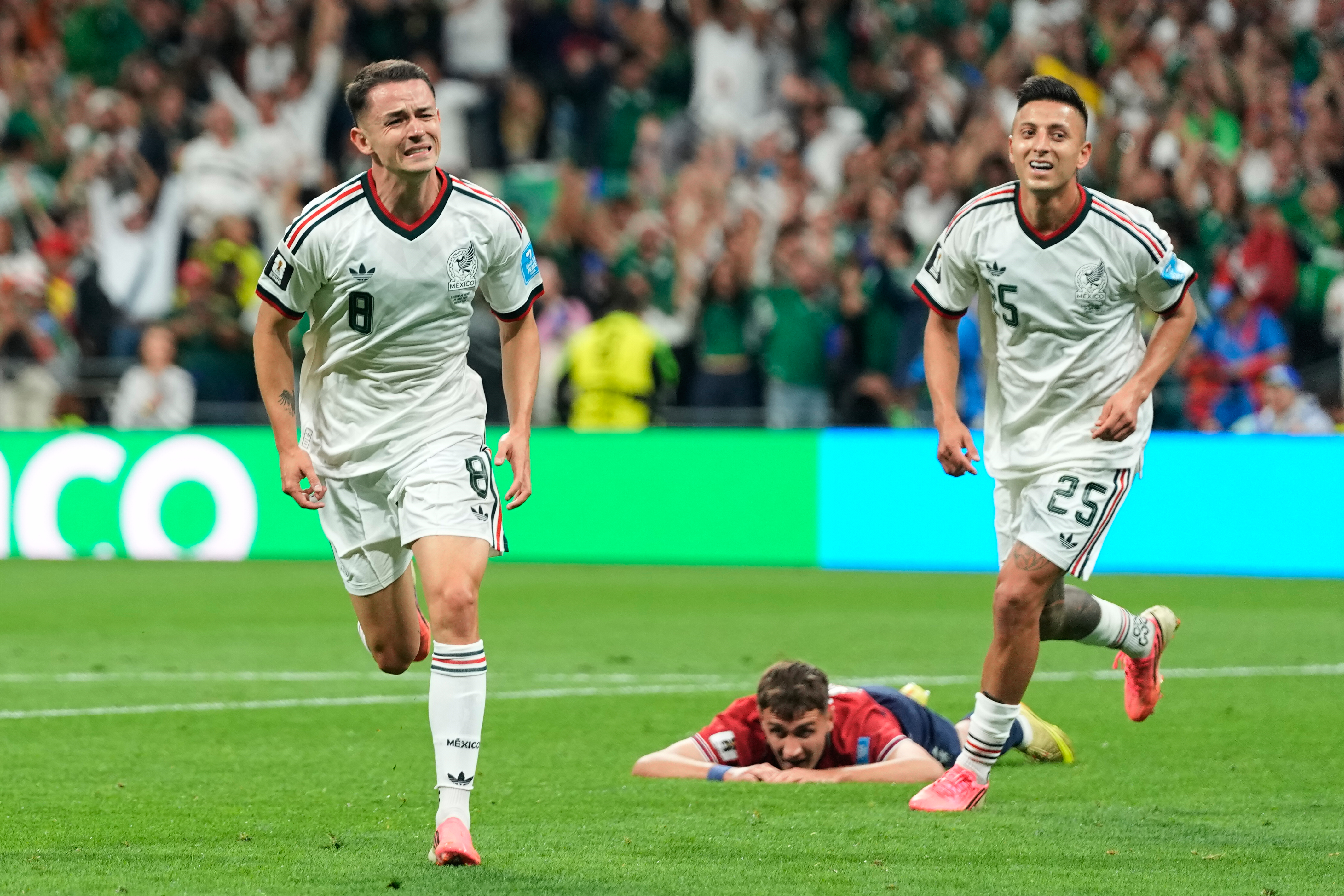 Mexico's Alvaro Fidalgo (8) celebrates scoring his side's third goal against Czechia during a World Cup Group A soccer match in Mexico City, Wednesday, June 24, 2026. (AP Photo/Silvia Izquierdo)