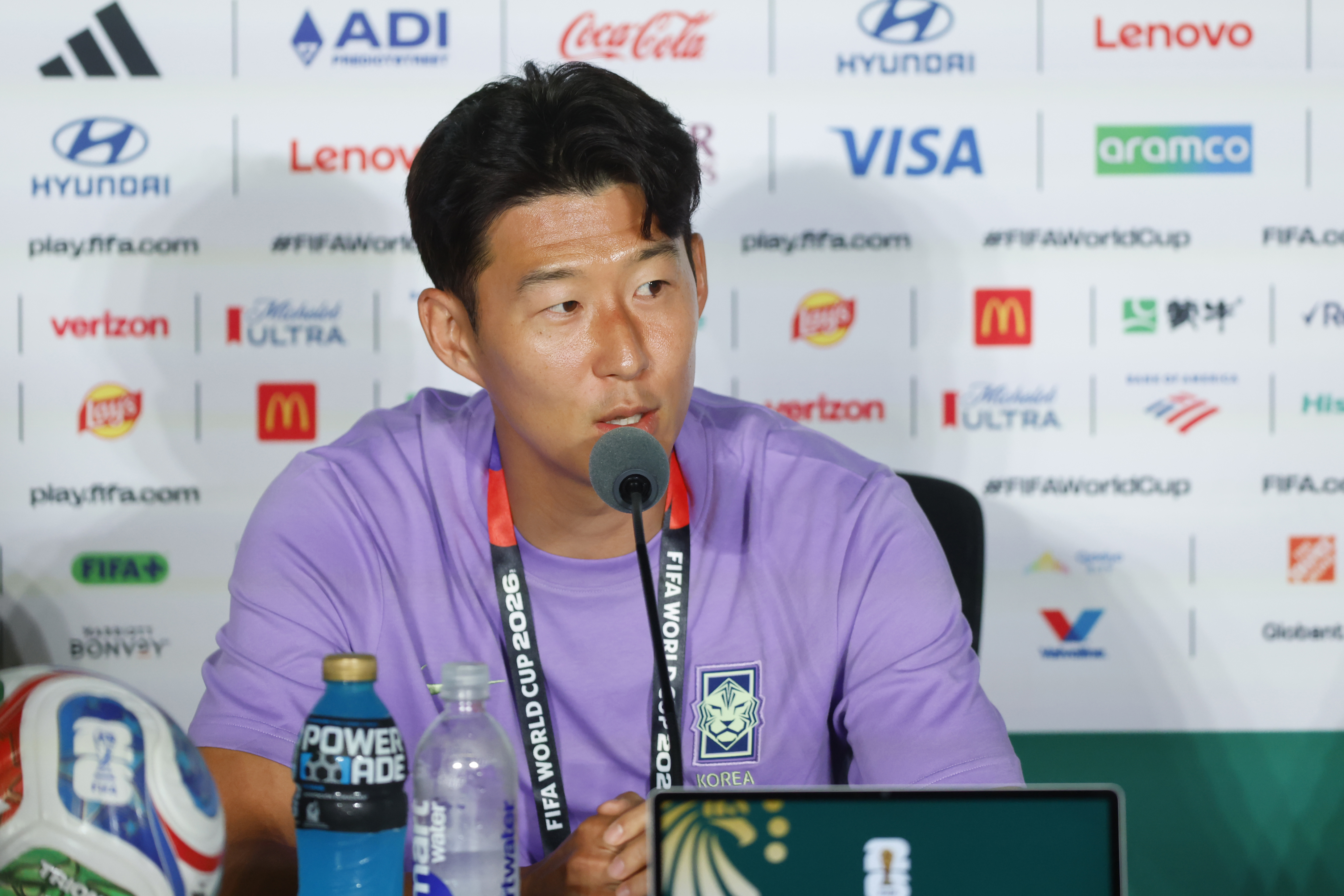 epa13029480 South Korea's Son Heung-min speaks during a press conference in Guadalajara, Mexico, 10 June 2026. EPA/Francisco Guasco