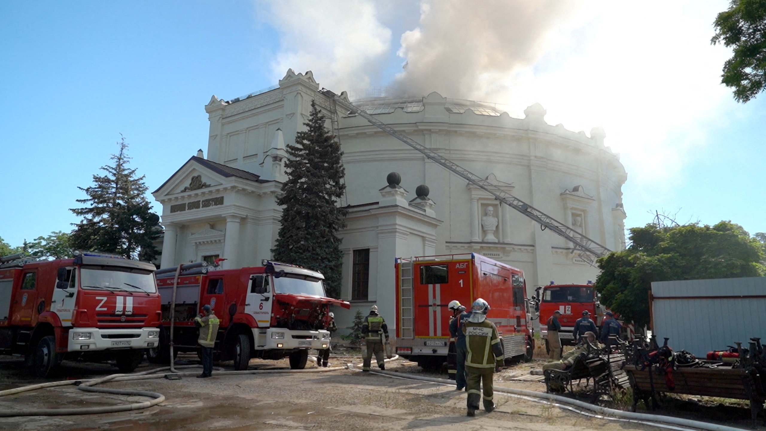 Firefighters extinguish a fire at the "Panorama of the Defence of Sevastopol" museum, which, according to local authorities, was damaged in a Ukrainian drone attack in the course of Russia-Ukraine conflict in Sevastopol, Crimea, in this still image taken from video footage released on June 10, 2026. Government of Sevastopol/Handout via REUTERS ATTENTION EDITORS - THIS IMAGE WAS PROVIDED BY A THIRD PARTY. NO RESALES. NO ARCHIVES. MANDATORY CREDIT. TPX IMAGES OF THE DAY