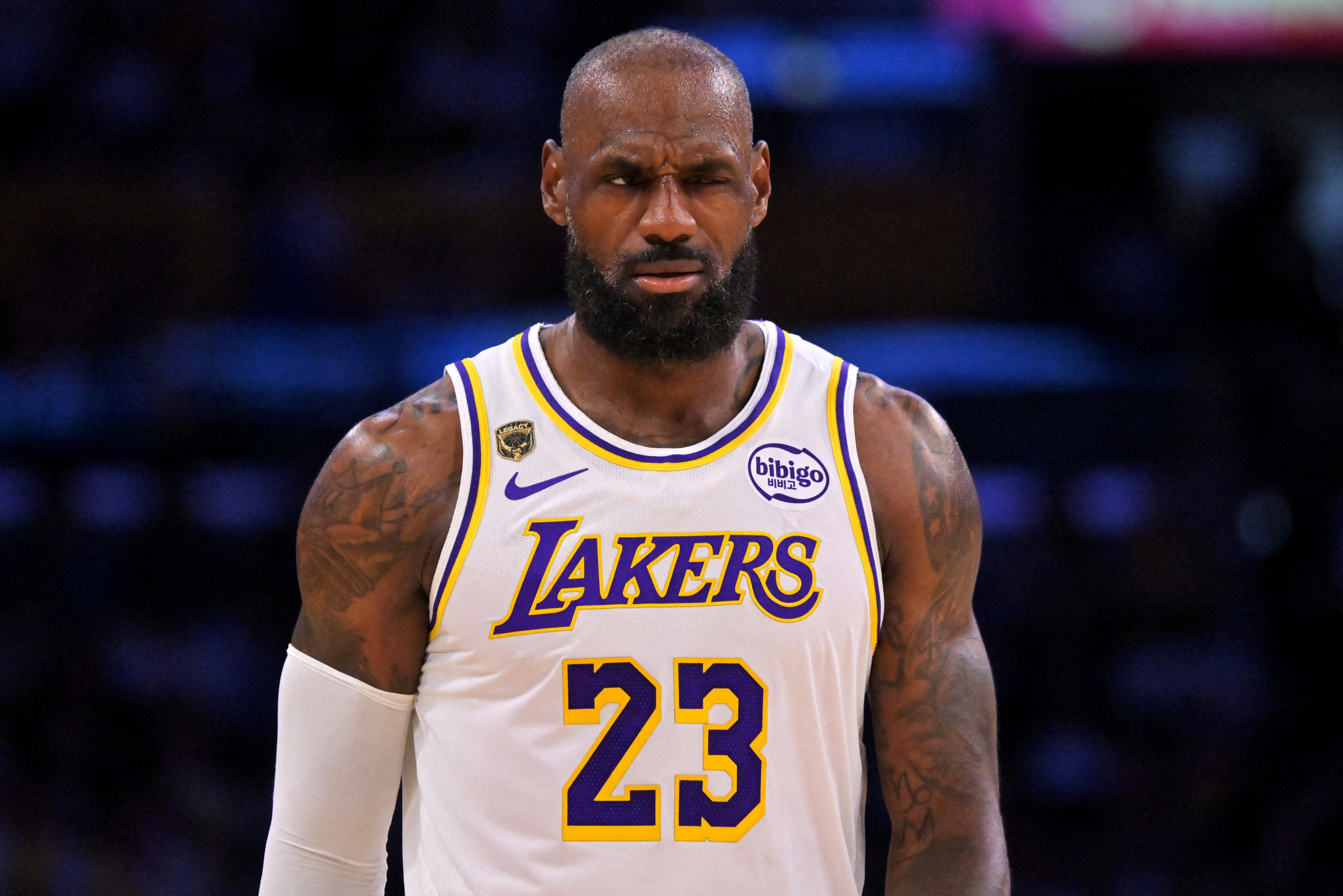 May 9, 2026; Los Angeles, California, USA; Los Angeles Lakers forward LeBron James (23) reacts after a foul in game three of the second round of the 2026 NBA Playoffs against the Oklahoma City Thunder at Crypto.com Arena. Mandatory Credit: Jayne Kamin-Oncea-Imagn Images TPX IMAGES OF THE DAY