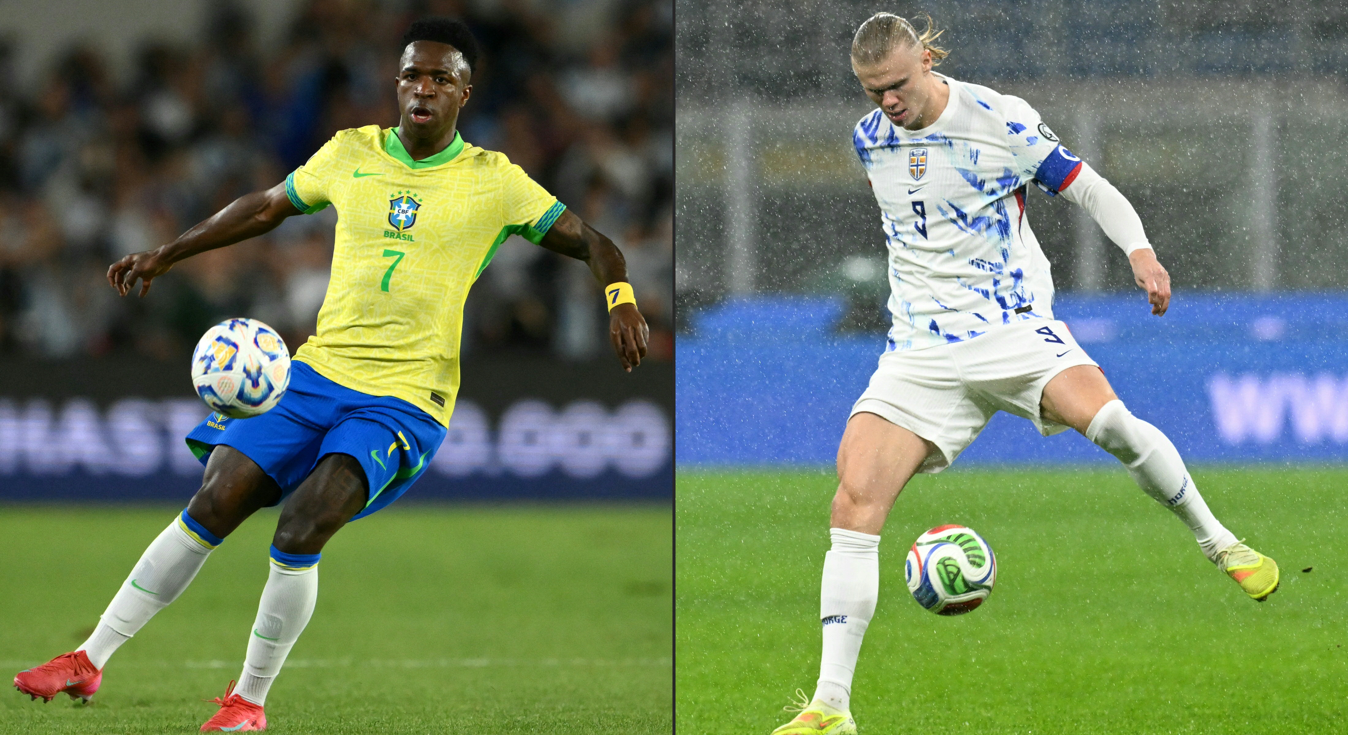 Combination pictures of Brazil's forward #07 Vinicius Jr and Norway's captain #09 Erling Braut, each controlling the ball.