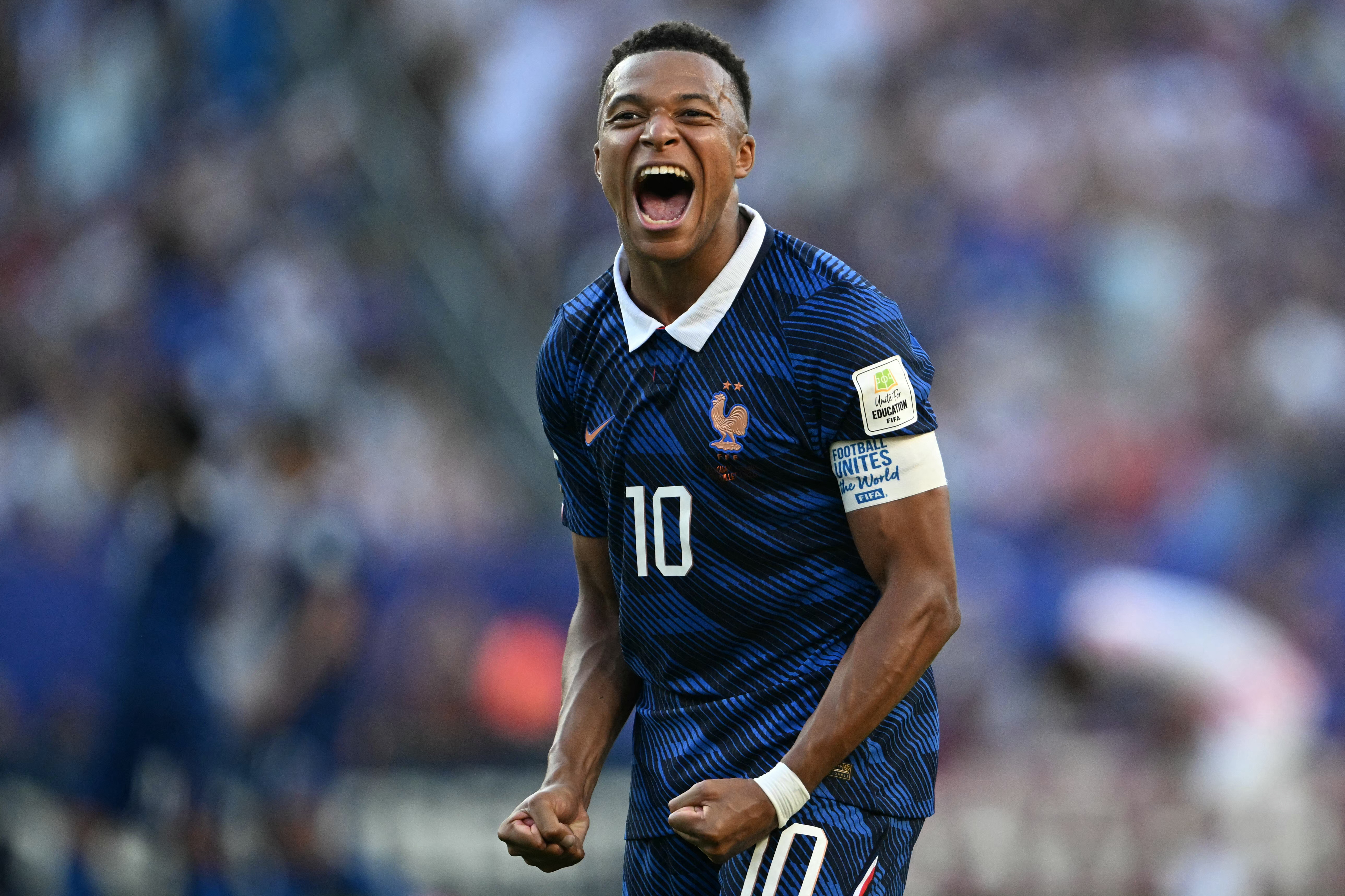France's forward #10 Kylian Mbappe celebrates after winning the 2026 World Cup round of 16 football match between Paraguay and France at the Philadelphia Stadium in Philadelphia on July 4, 2026. (Photo by MAURO PIMENTEL / AFP)