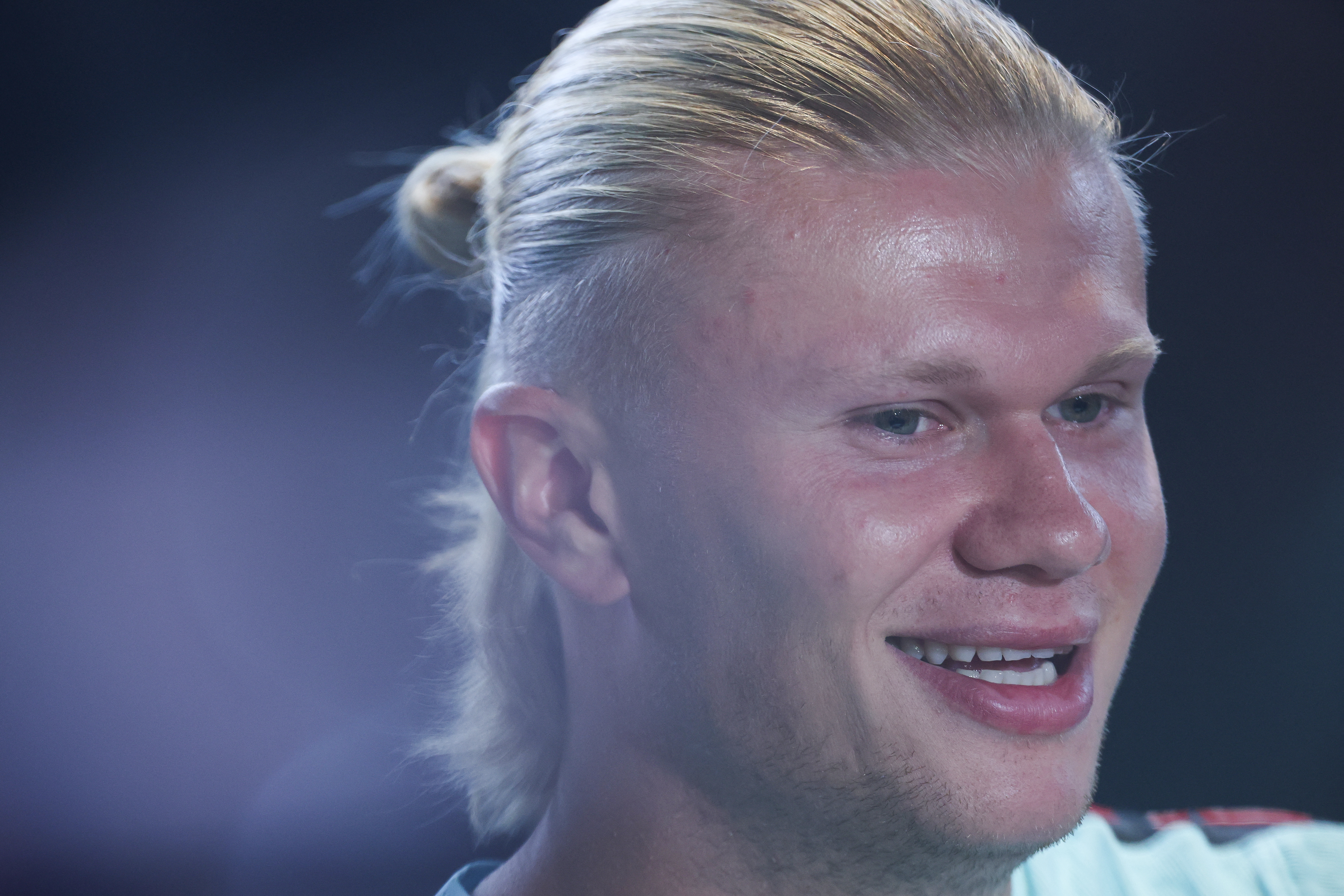 Norway's forward #09 Erling Braut Haaland gives a press conference at the Inter Miami CF Training Facility in Fort Lauderdale on July 9, 2026, during the 2026 World Cup football tournament. (Photo by PATRICIA DE MELO MOREIRA / AFP)